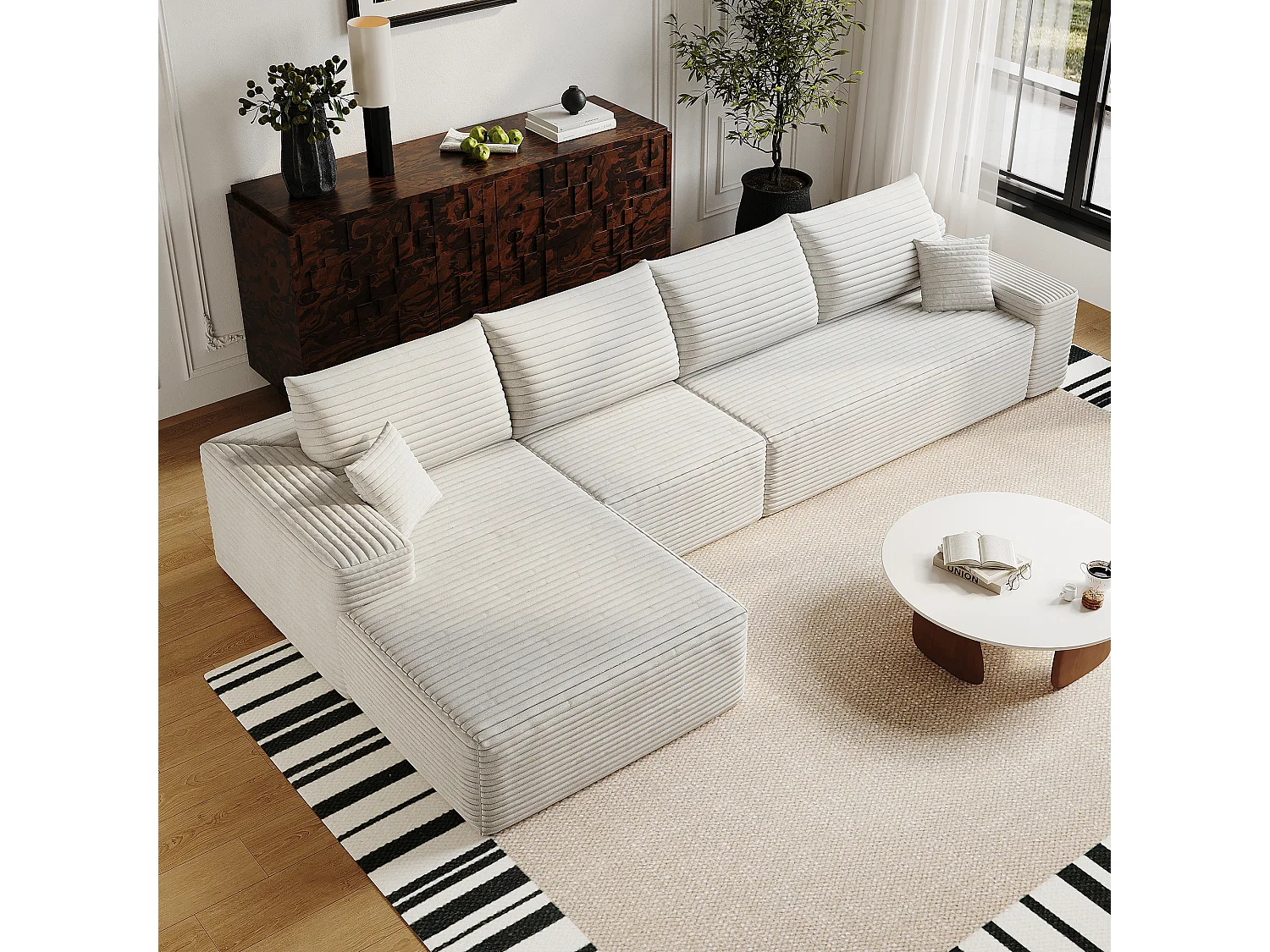 Canapé d'angle modulable en L 340x175x83 cm - sans montage avec assise profonde et méridienne - Velours côtelé - blanc