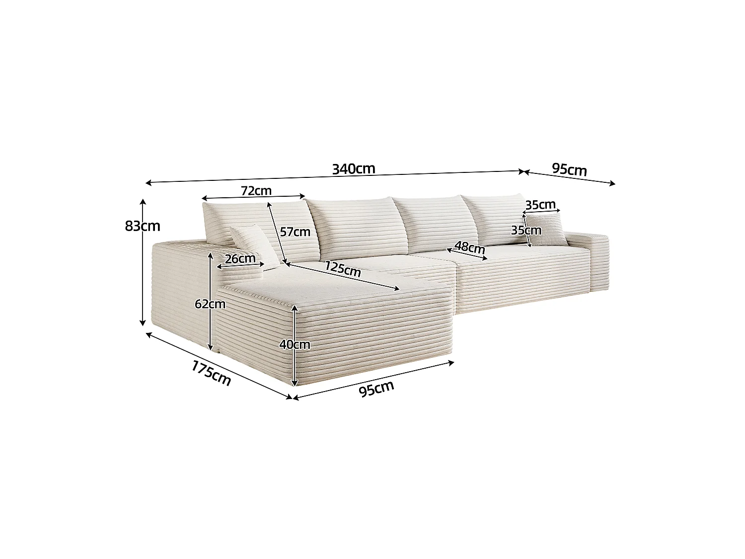 Canapé d'angle modulable en L 340x175x83 cm - sans montage avec assise profonde et méridienne - Velours côtelé - blanc