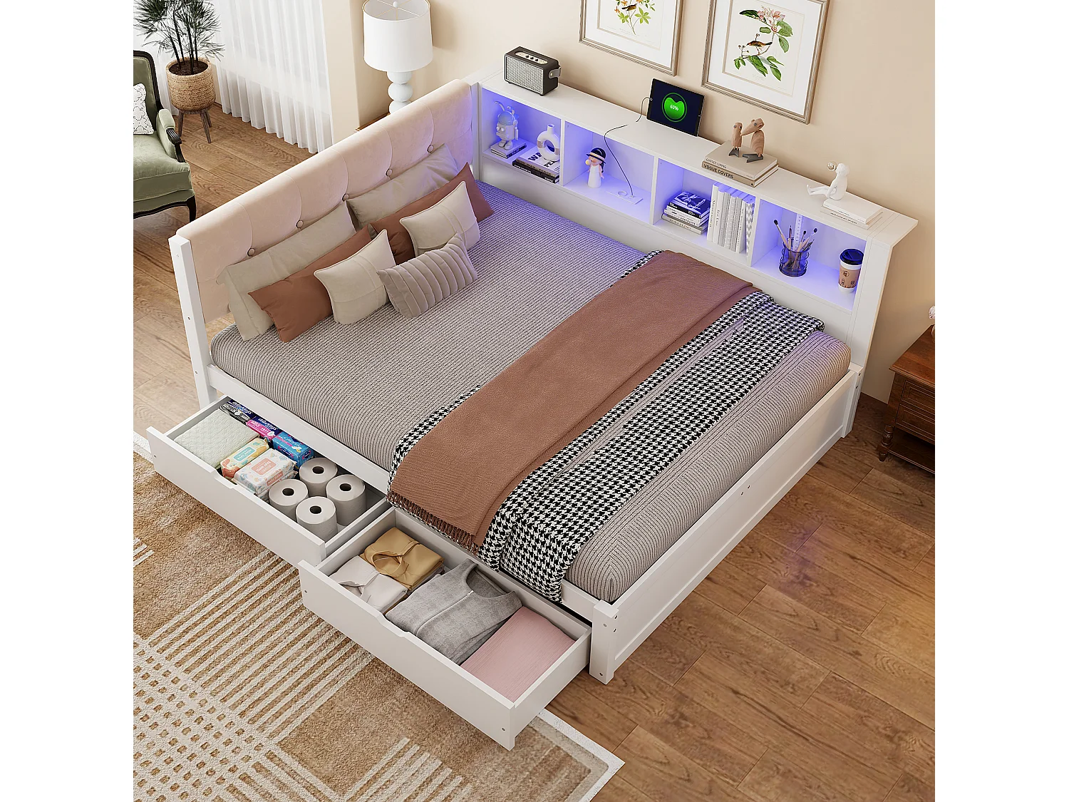 Lit banquette en bois 140x200 cm, LED, USB, daybed avec rangement, 2 tiroirs, étagère, sans matelas, blanc, pin et MDF
