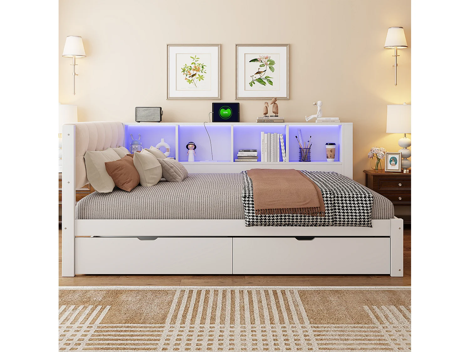 Lit banquette en bois 140x200 cm, LED, USB, daybed avec rangement, 2 tiroirs, étagère, sans matelas, blanc, pin et MDF