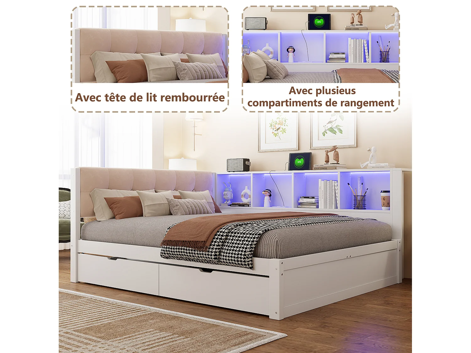Lit banquette en bois 140x200 cm, LED, USB, daybed avec rangement, 2 tiroirs, étagère, sans matelas, blanc, pin et MDF