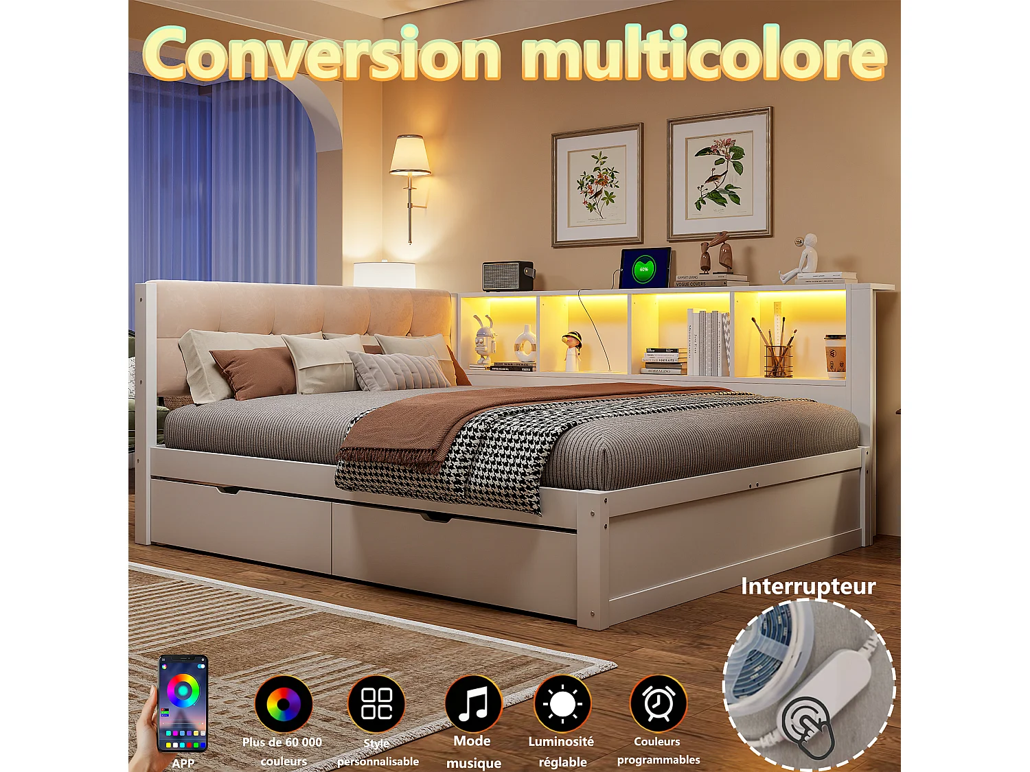 Lit banquette en bois 140x200 cm, LED, USB, daybed avec rangement, 2 tiroirs, étagère, sans matelas, blanc, pin et MDF