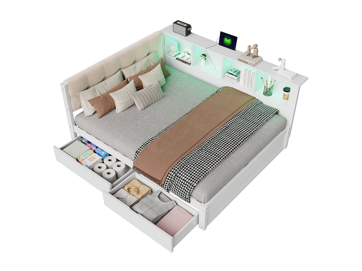 Lit banquette en bois 140x200 cm, LED, USB, daybed avec rangement, 2 tiroirs, étagère, sans matelas, blanc, pin et MDF
