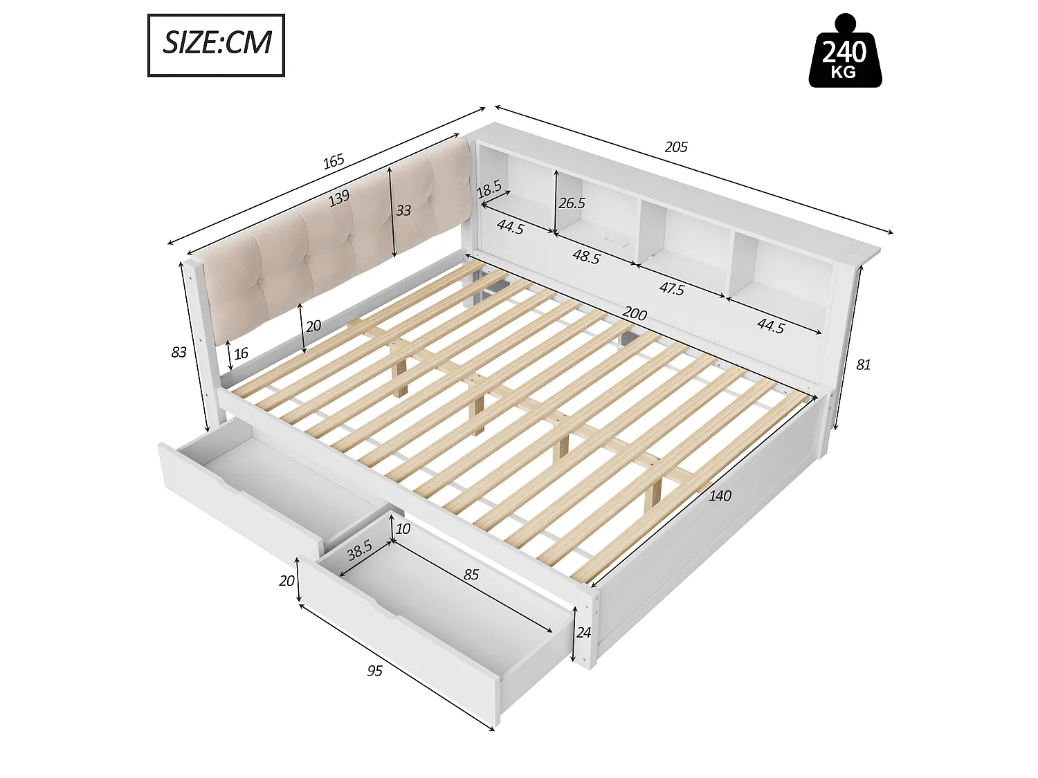 Lit banquette en bois 140x200 cm, LED, USB, daybed avec rangement, 2 tiroirs, étagère, sans matelas, blanc, pin et MDF
