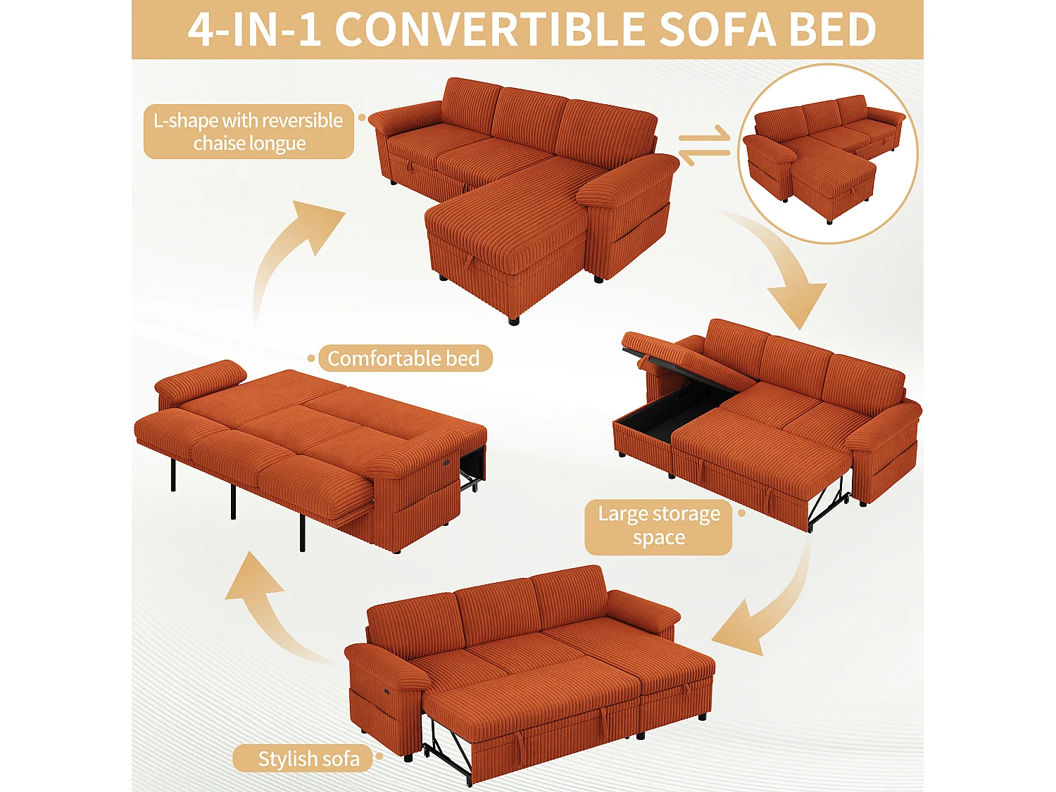Canapé d’angle convertible 3 places 212x150x98 cm,USB/Type-C,dossier réglable,velours côtelé, Orange