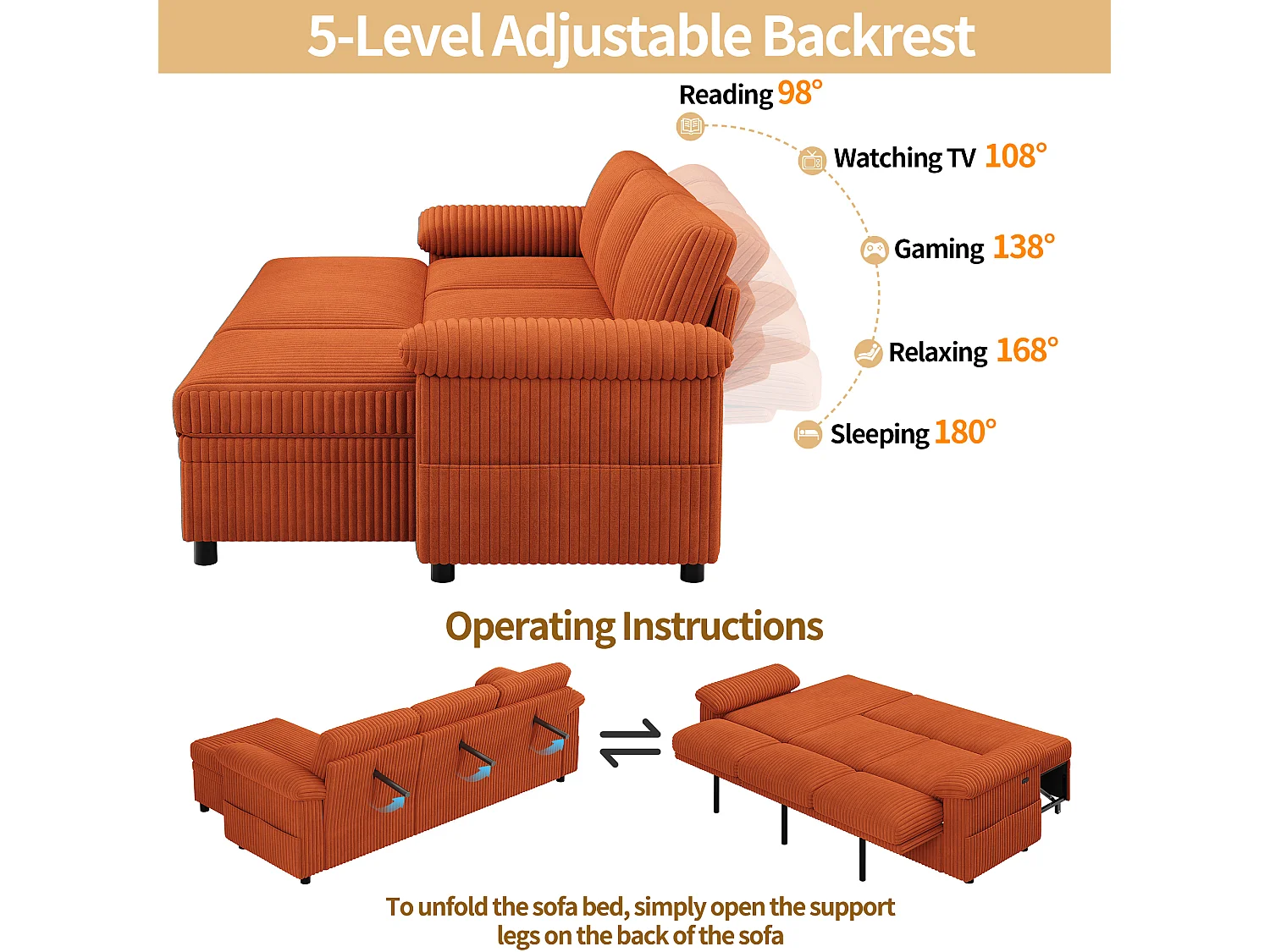 Canapé d’angle convertible 3 places 212x150x98 cm,USB/Type-C,dossier réglable,velours côtelé, Orange