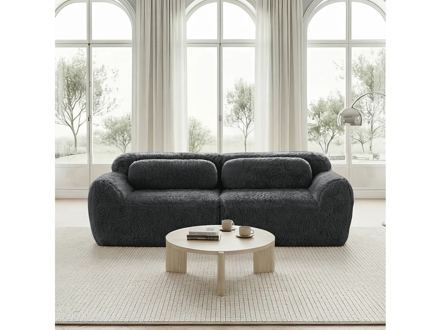 Canapé 2 places en peluche doux 204x104x73cm, modulable et combinable, mousse hautement élastique, base antidérapante, gris