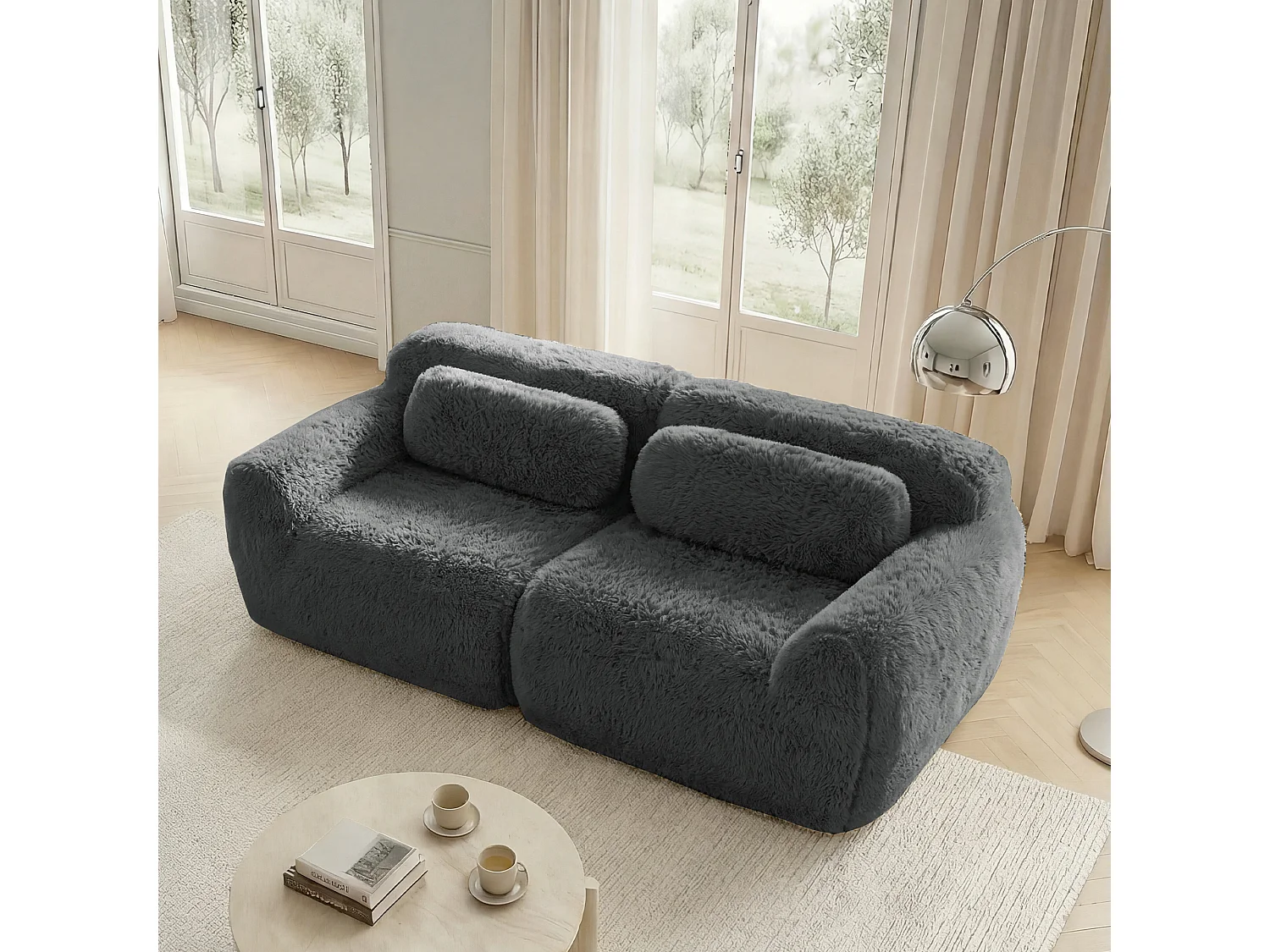Canapé 2 places en peluche doux 204x104x73cm, modulable et combinable, mousse hautement élastique, base antidérapante, gris