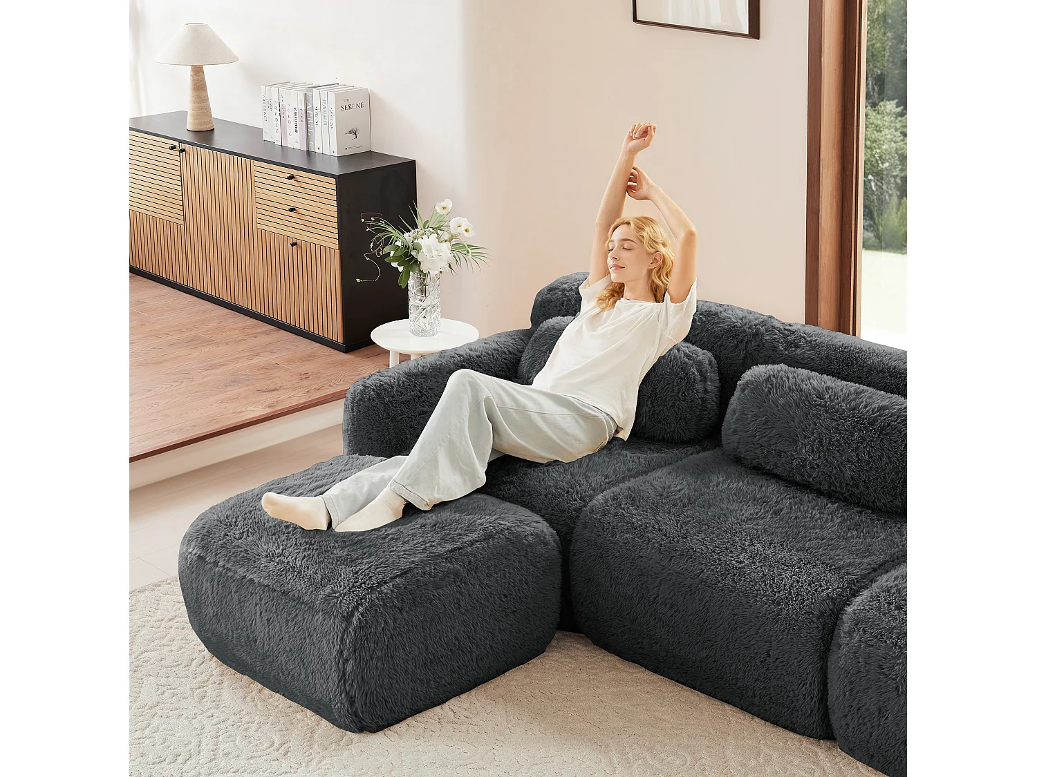 Canapé 2 places en peluche doux 204x104x73cm, modulable et combinable, mousse hautement élastique, base antidérapante, gris