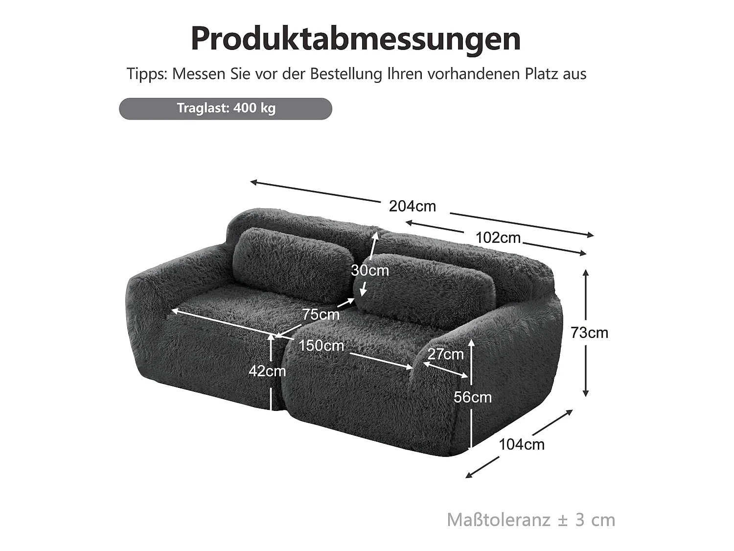 Canapé 2 places en peluche doux 204x104x73cm, modulable et combinable, mousse hautement élastique, base antidérapante, gris