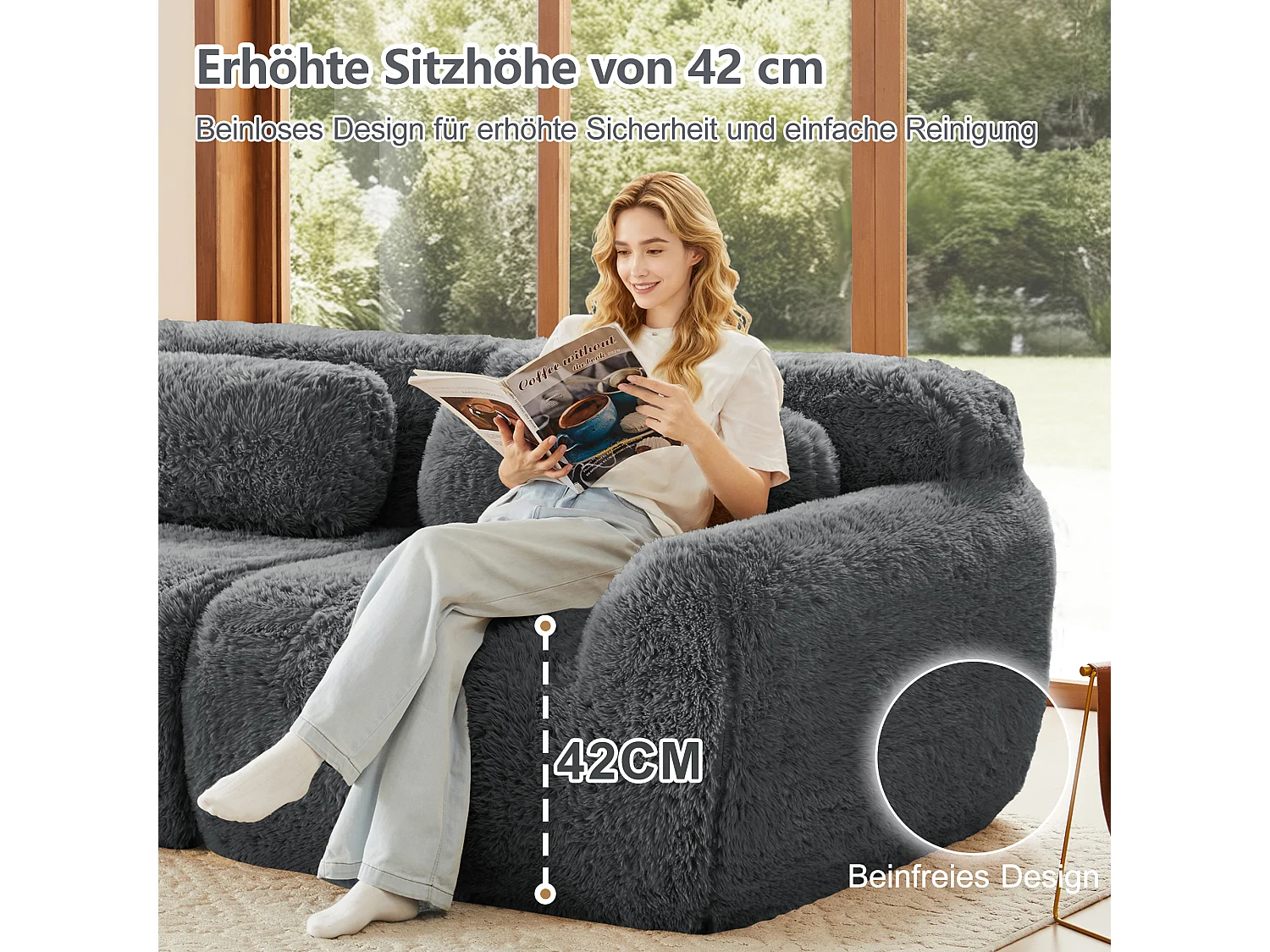 Canapé 2 places en peluche doux 204x104x73cm, modulable et combinable, mousse hautement élastique, base antidérapante, gris