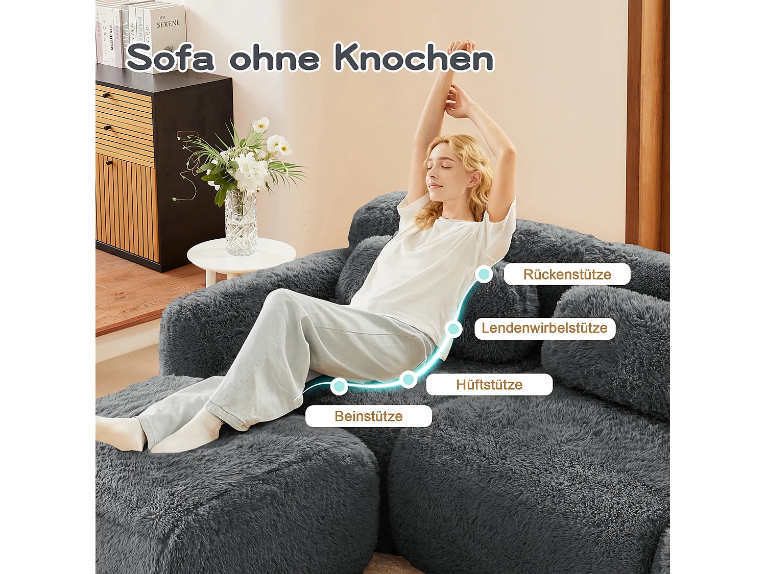 Canapé 2 places en peluche doux 204x104x73cm, modulable et combinable, mousse hautement élastique, base antidérapante, gris