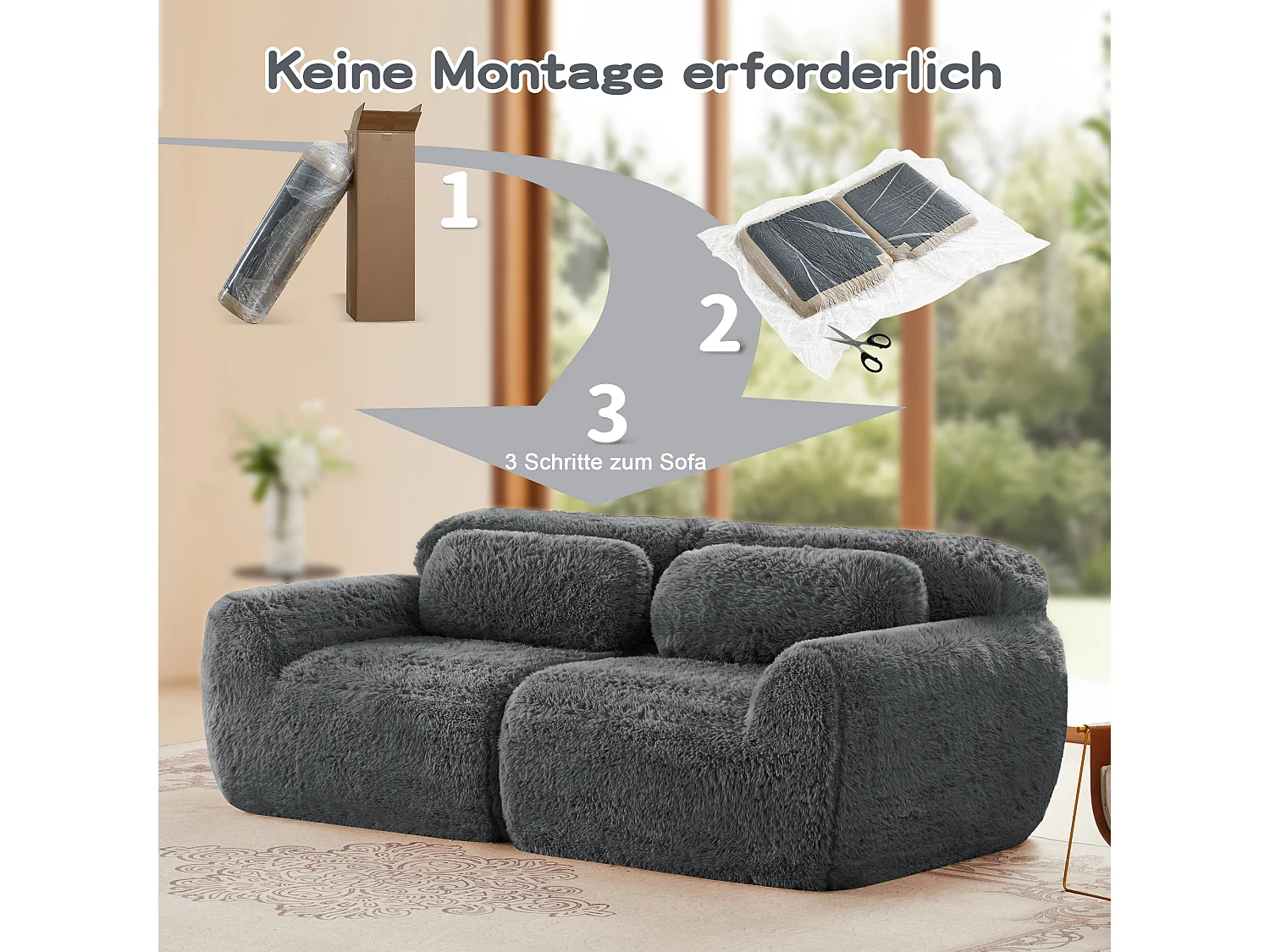 Canapé 2 places en peluche doux 204x104x73cm, modulable et combinable, mousse hautement élastique, base antidérapante, gris