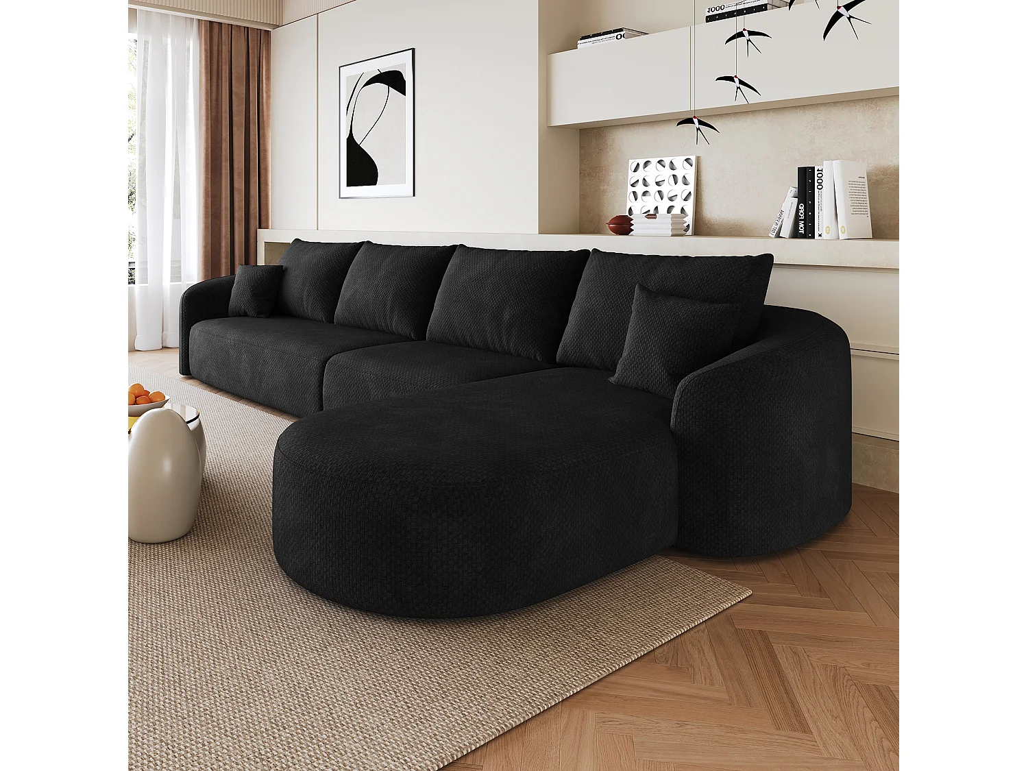Canapé d’angle fixe 5 places 336x168x85 cm, canapé sans montage avec méridienne droite, mousse, tissu chenille noir