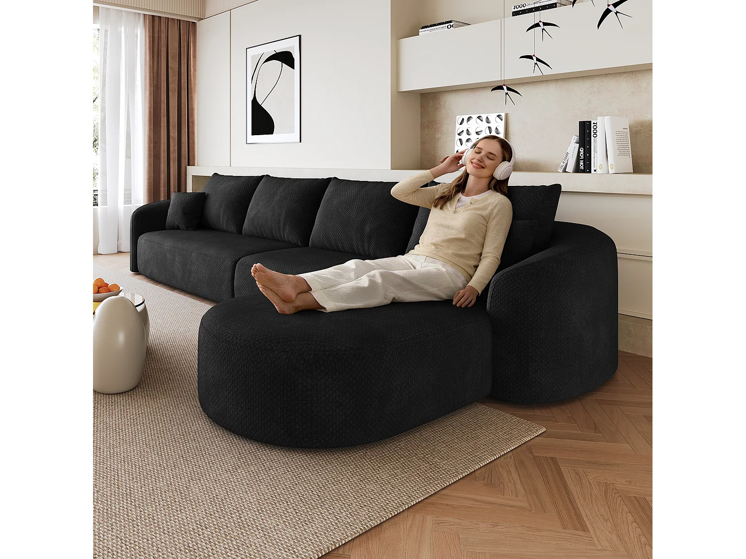 Canapé d’angle fixe 5 places 336x168x85 cm, canapé sans montage avec méridienne droite, mousse, tissu chenille noir