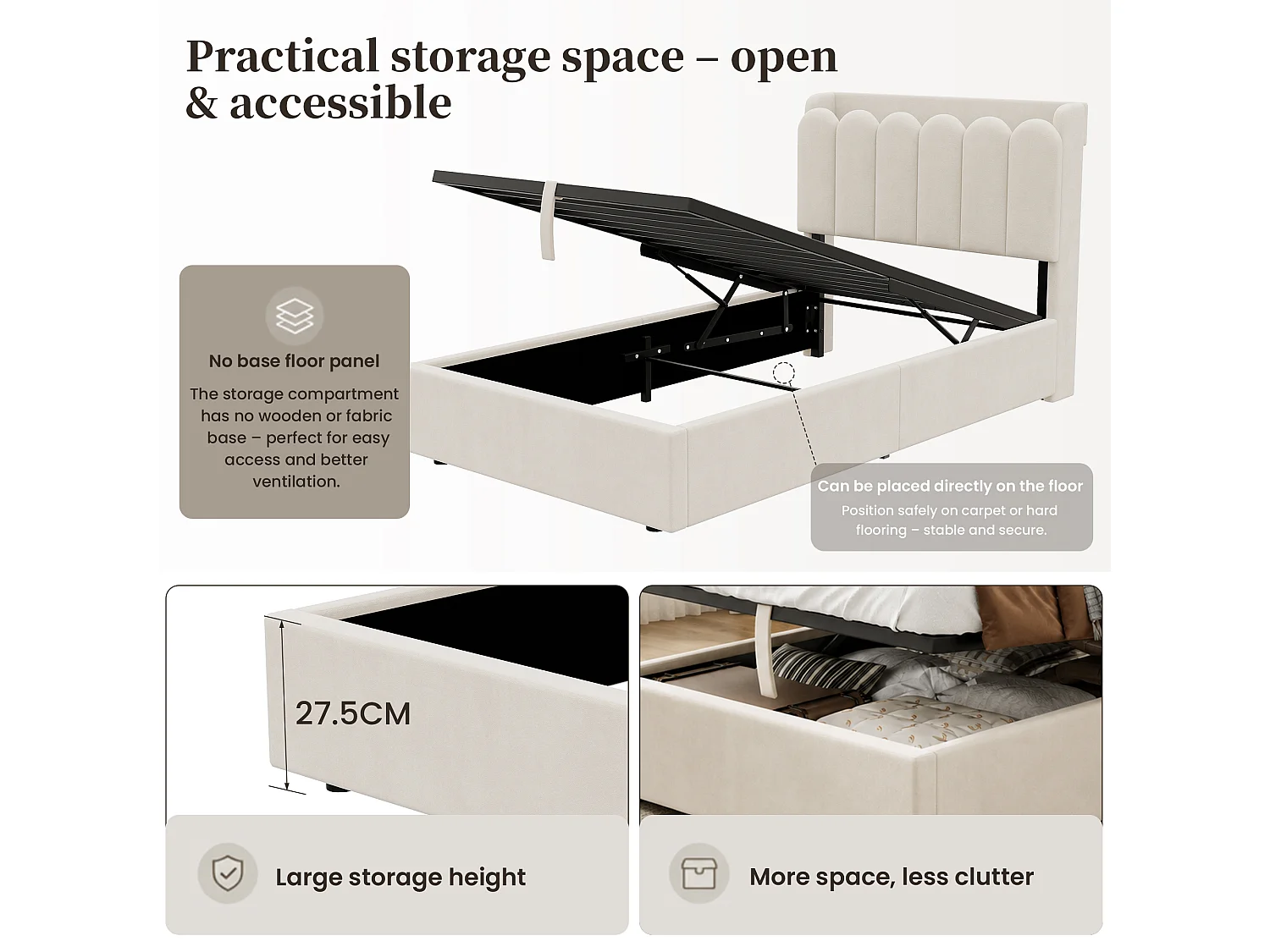 Lit coffre enfant 90x200 avec rangement, sommier à lattes, tête de lit rembourrée avec USB, Type-C et liseuse LED, velours, Beige