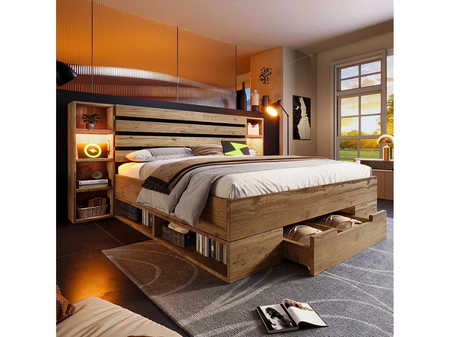 Lit coffre bois massif 180x200 cm Lit double avec rangement, éclairage LED et USB-C, cadre sommier lattes, sans matelas, chêne