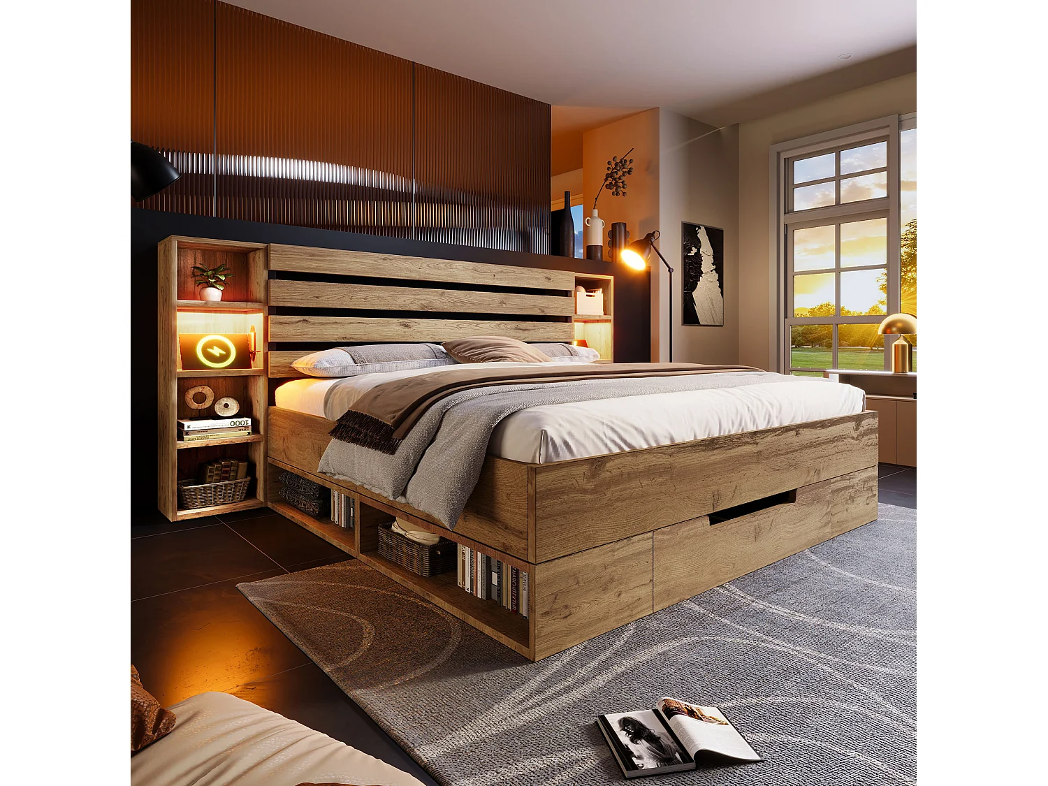 Lit coffre bois massif 180x200 cm Lit double avec rangement, éclairage LED et USB-C, cadre sommier lattes, sans matelas, chêne
