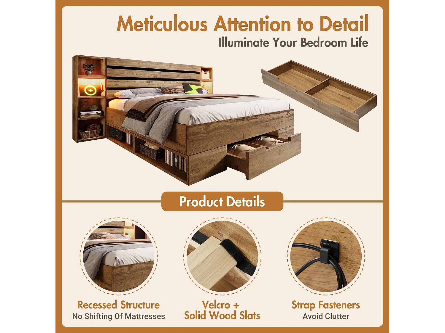 Lit coffre bois massif 180x200 cm Lit double avec rangement, éclairage LED et USB-C, cadre sommier lattes, sans matelas, chêne