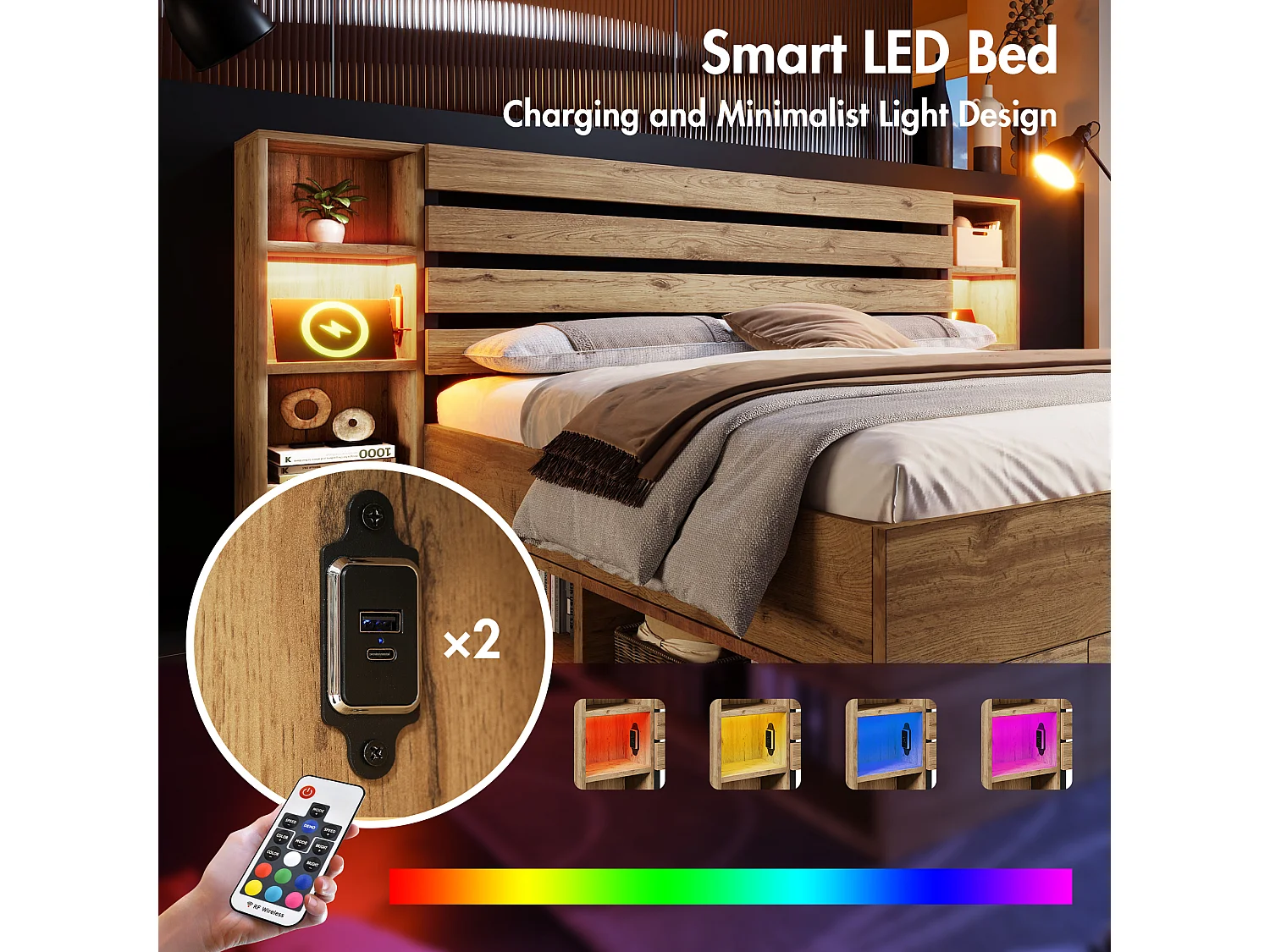 Lit coffre bois massif 180x200 cm Lit double avec rangement, éclairage LED et USB-C, cadre sommier lattes, sans matelas, chêne