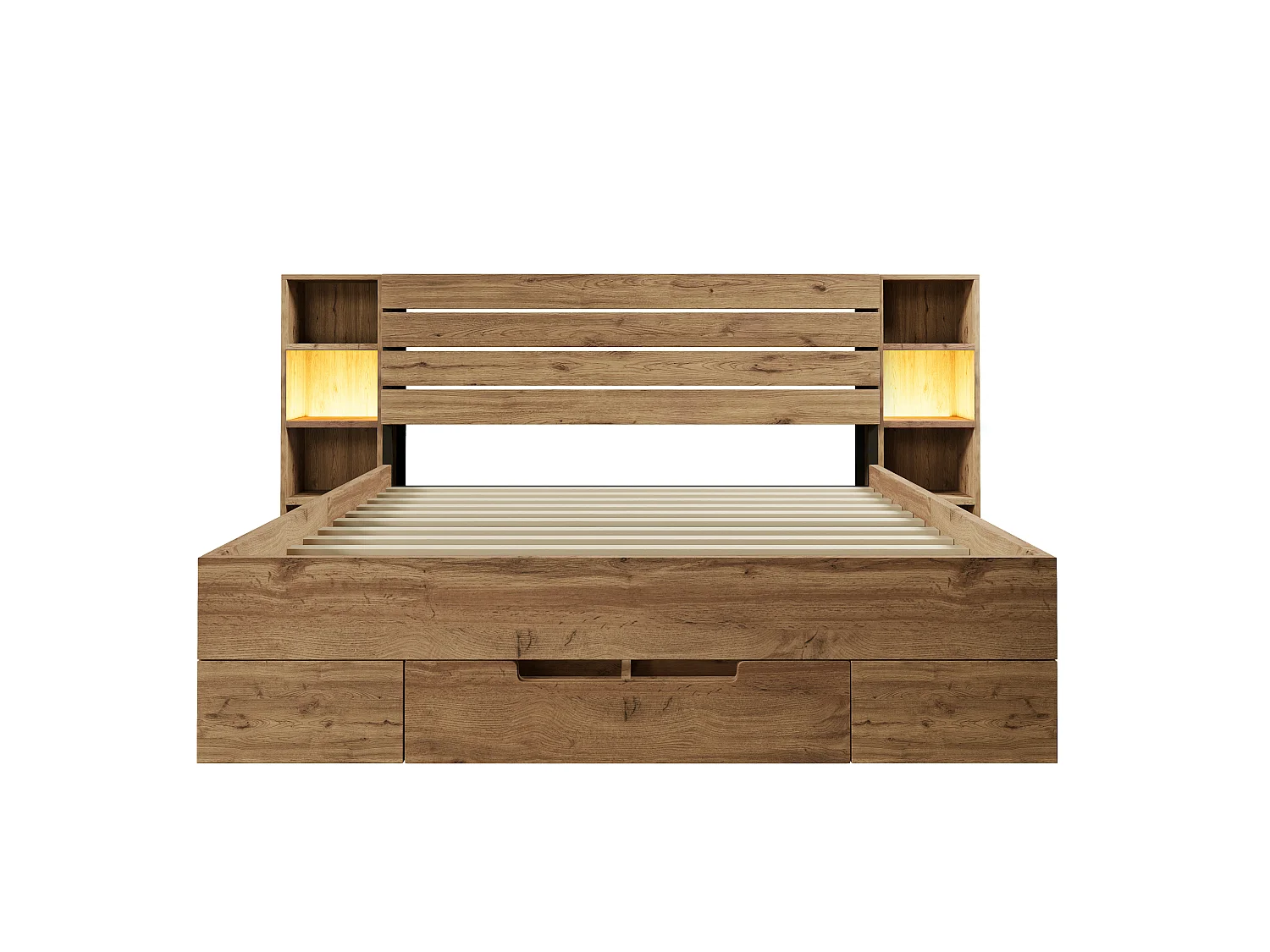Lit coffre bois massif 180x200 cm Lit double avec rangement, éclairage LED et USB-C, cadre sommier lattes, sans matelas, chêne