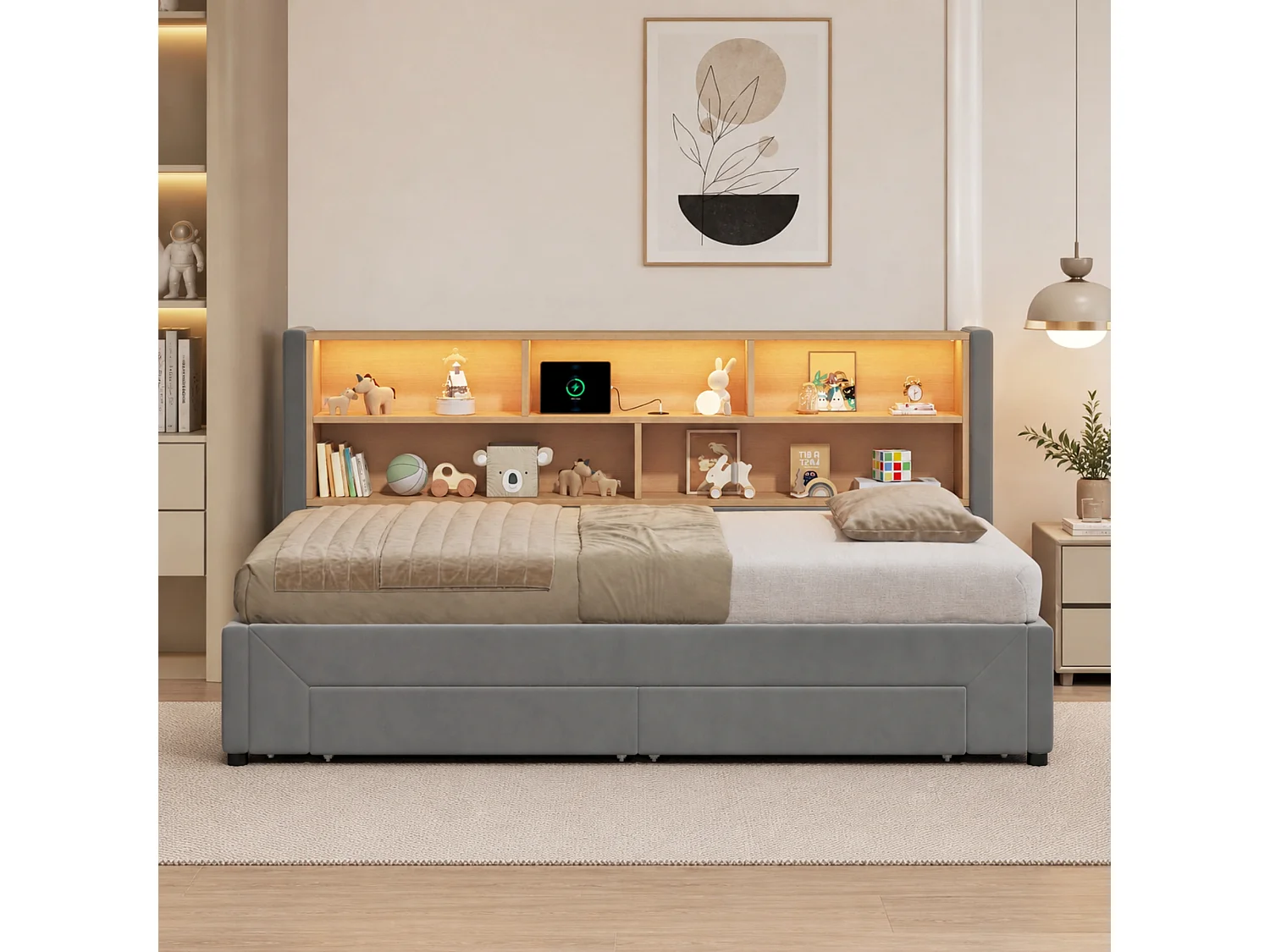 Lit Gigogne 90x200 cm Lit Banquette extensible 180 cm avec 2 tiroirs, USB et LED, velours gris