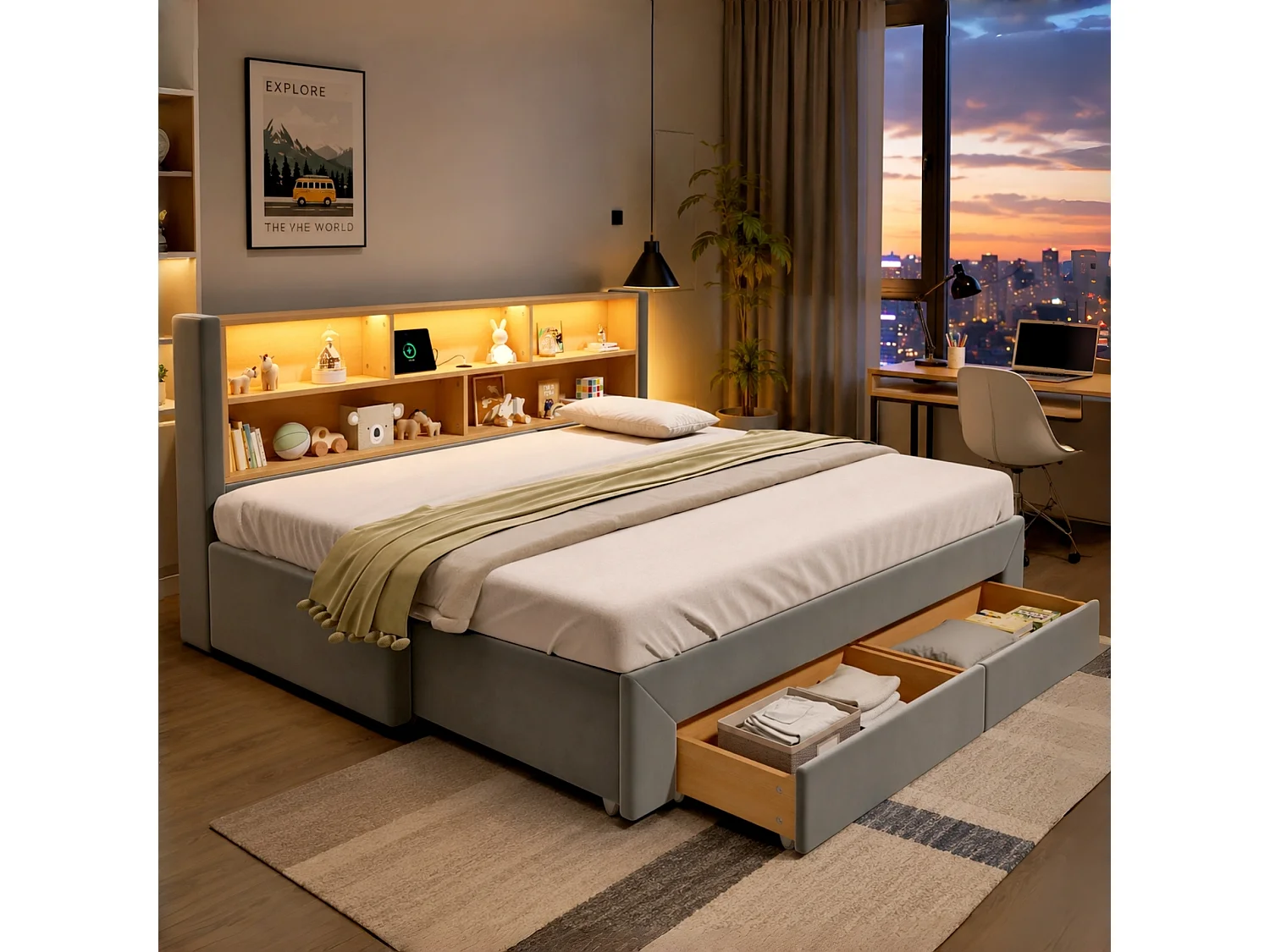 Lit Gigogne 90x200 cm Lit Banquette extensible 180 cm avec 2 tiroirs, USB et LED, velours gris