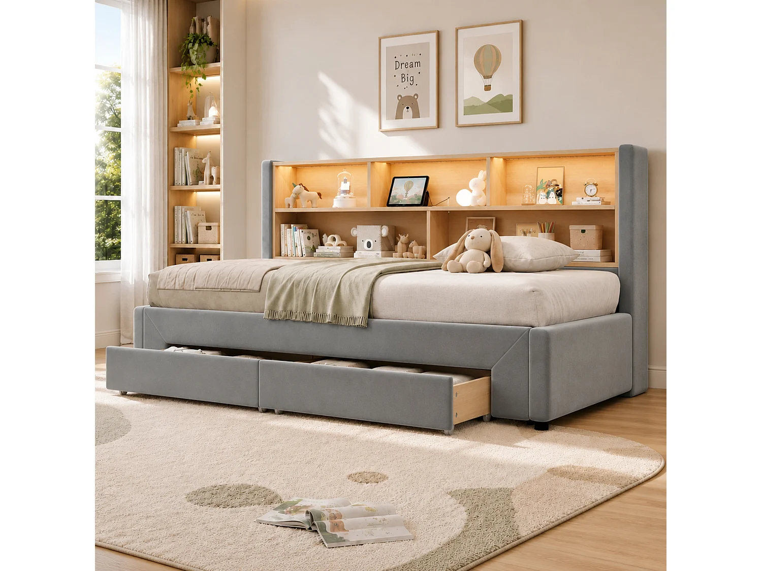 Lit Gigogne 90x200 cm Lit Banquette extensible 180 cm avec 2 tiroirs, USB et LED, velours gris