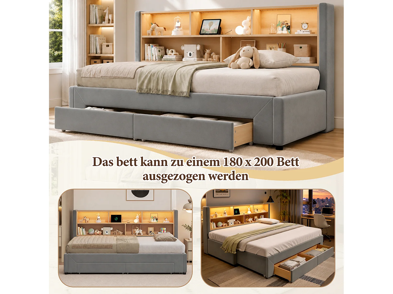 Lit Gigogne 90x200 cm Lit Banquette extensible 180 cm avec 2 tiroirs, USB et LED, velours gris
