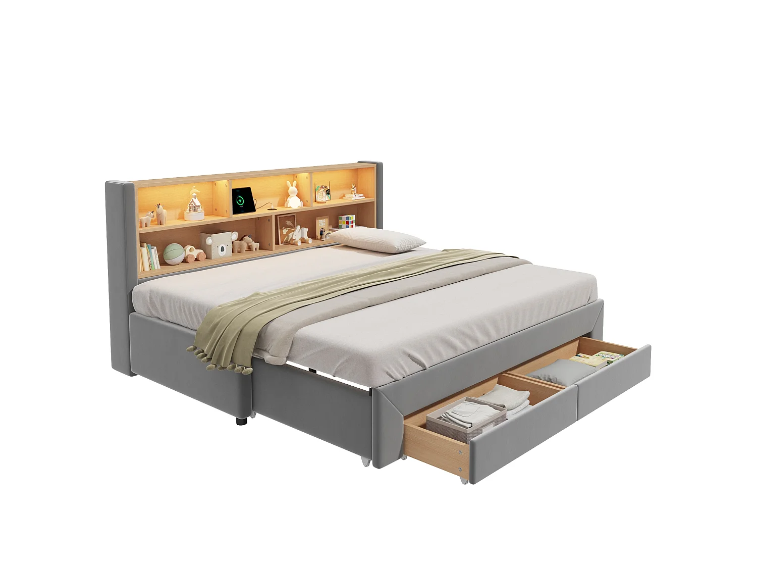 Lit Gigogne 90x200 cm Lit Banquette extensible 180 cm avec 2 tiroirs, USB et LED, velours gris