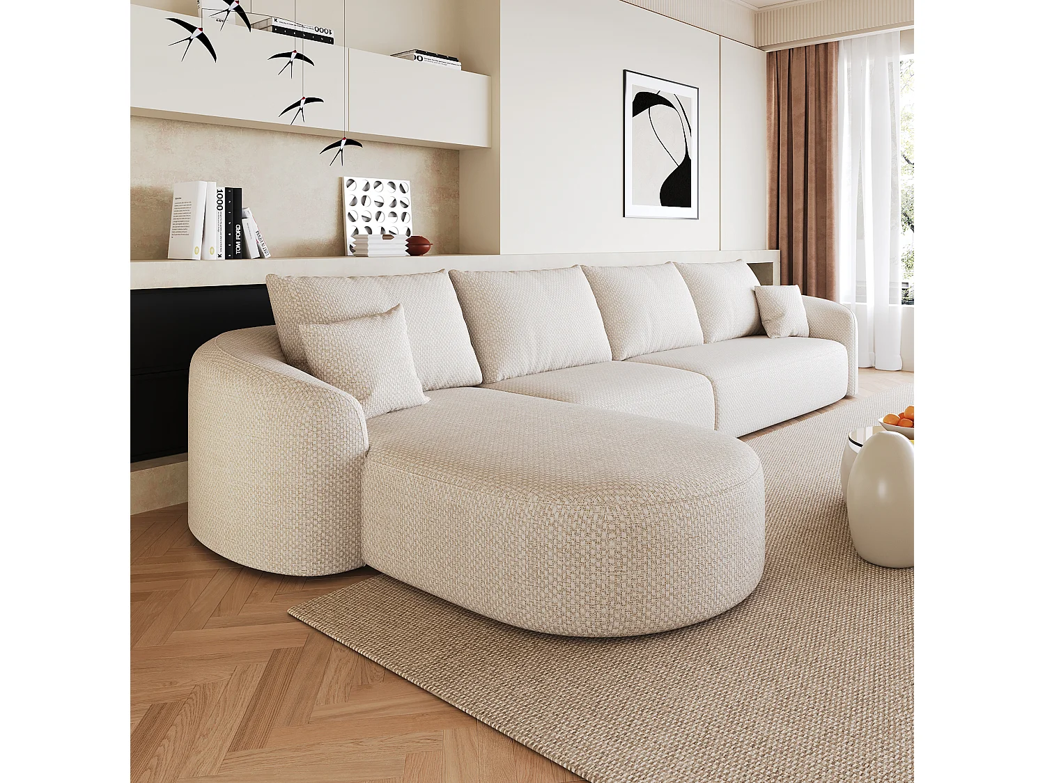 Canapé d’angle fixe 5 places 336x168x85 cm, canapé sans montage avec méridienne gauche, mousse, tissu chenille blanc
