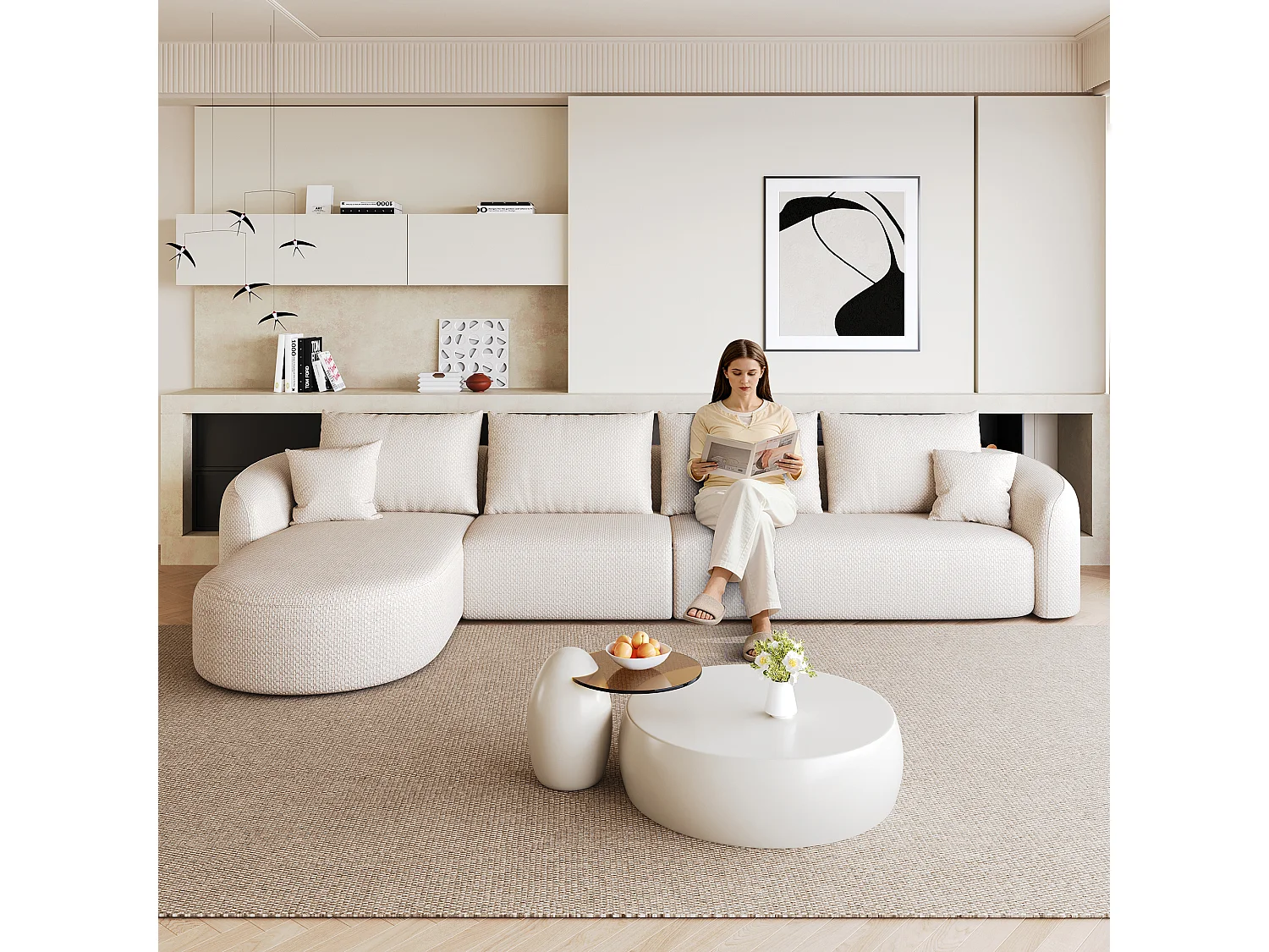 Canapé d’angle fixe 5 places 336x168x85 cm, canapé sans montage avec méridienne gauche, mousse, tissu chenille blanc