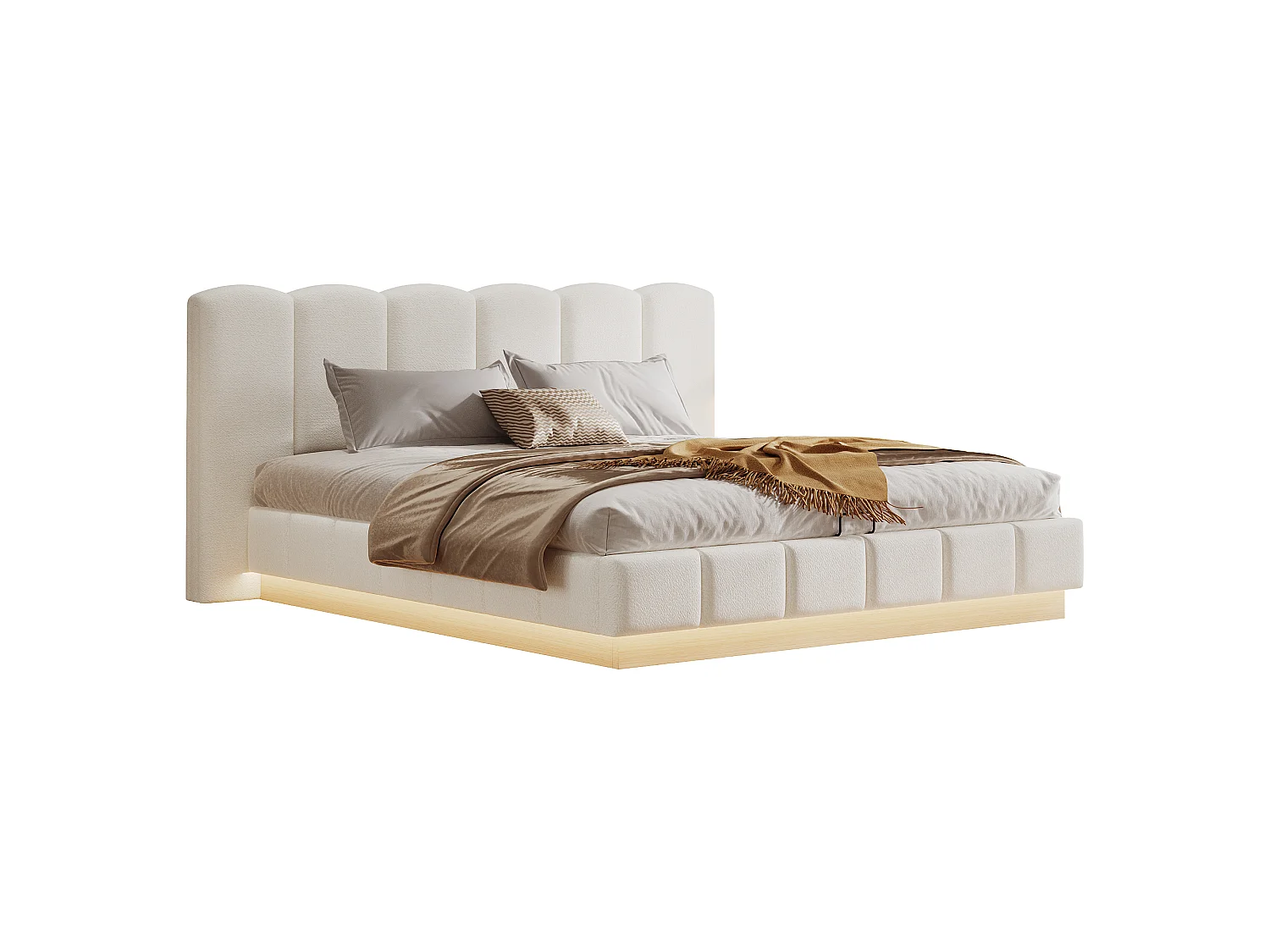 Lit coffre rembourré 180x200cm Lit double avec grand rangement ,sommier à lattes et LED,Bouclé ,blanc