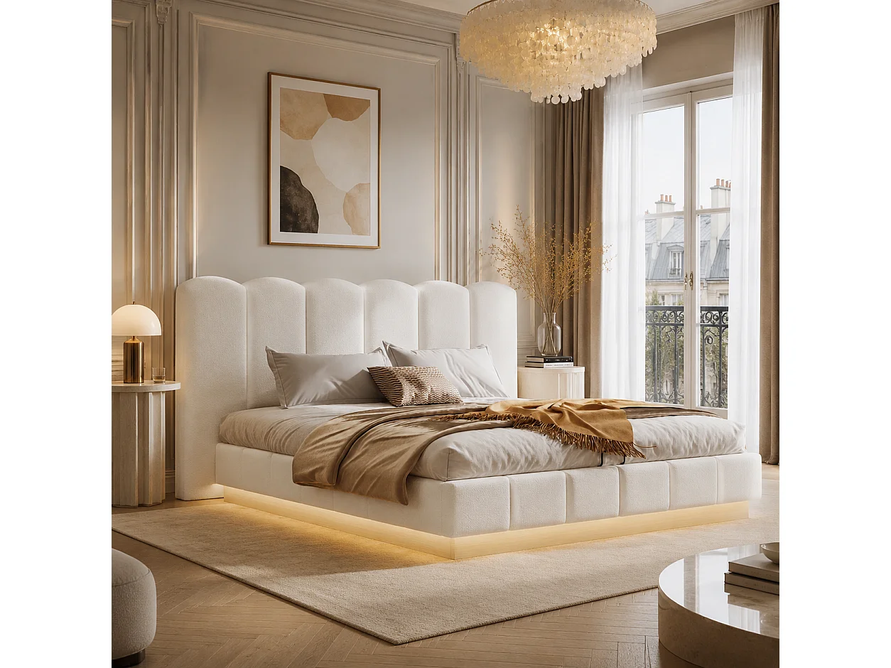 Lit coffre rembourré 180x200cm Lit double avec grand rangement ,sommier à lattes et LED,Bouclé ,blanc