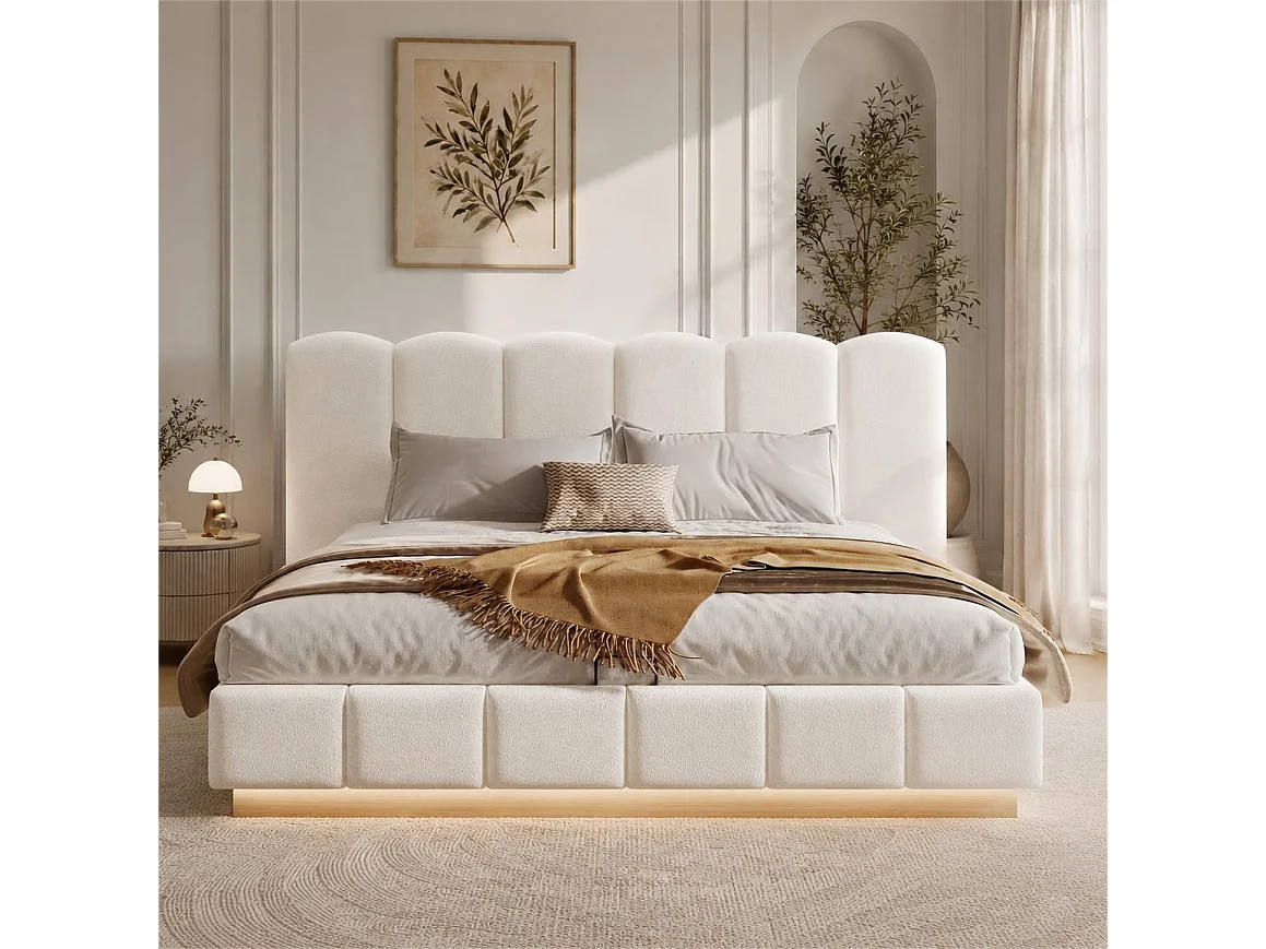 Lit coffre rembourré 180x200cm Lit double avec grand rangement ,sommier à lattes et LED,Bouclé ,blanc