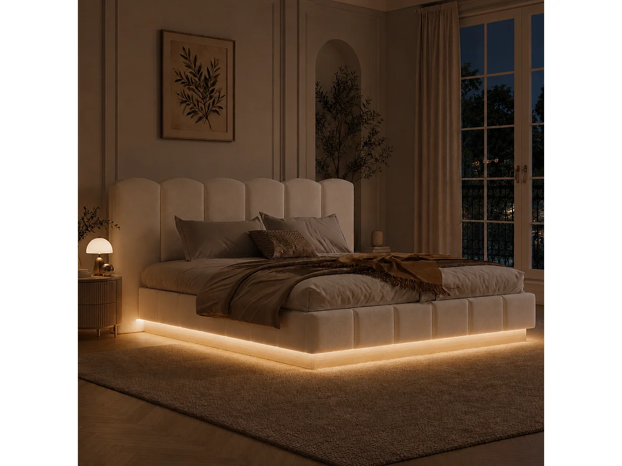Lit coffre rembourré 180x200cm Lit double avec grand rangement ,sommier à lattes et LED,Bouclé ,blanc