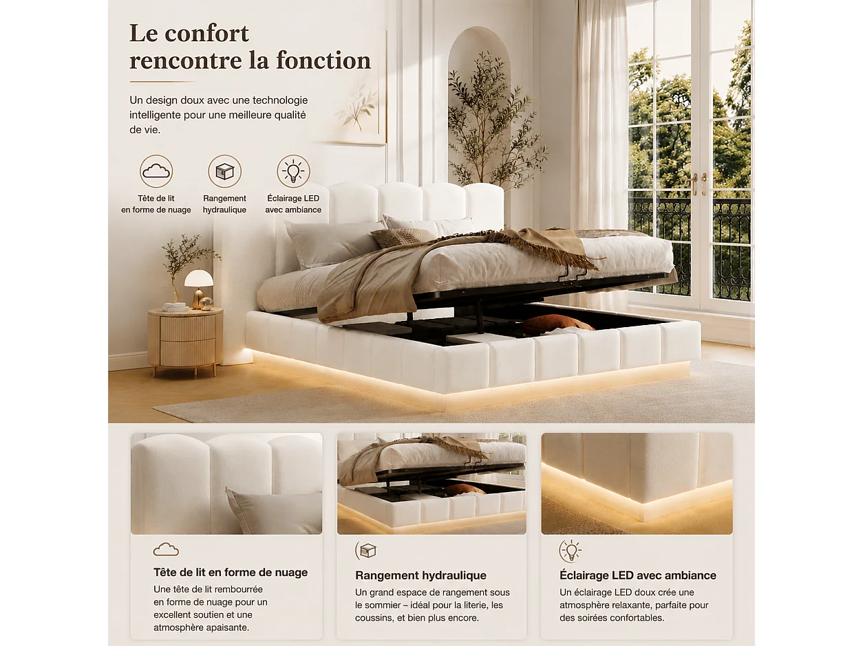 Lit coffre rembourré 180x200cm Lit double avec grand rangement ,sommier à lattes et LED,Bouclé ,blanc
