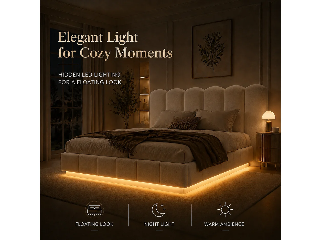 Lit coffre rembourré 180x200cm Lit double avec grand rangement ,sommier à lattes et LED,Bouclé ,blanc