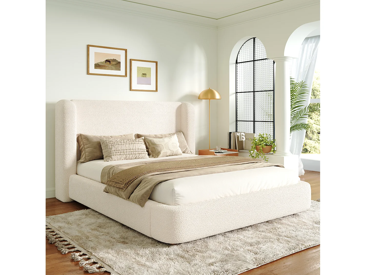 Lit coffre rembourré 160x200 cm, Lit double avec rangement hydraulique,sommier à lattes,bouclé beige