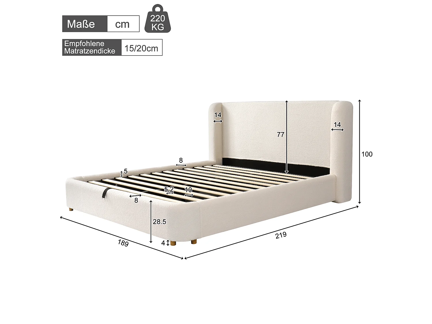 Lit coffre rembourré 160x200 cm, Lit double avec rangement hydraulique,sommier à lattes,bouclé beige