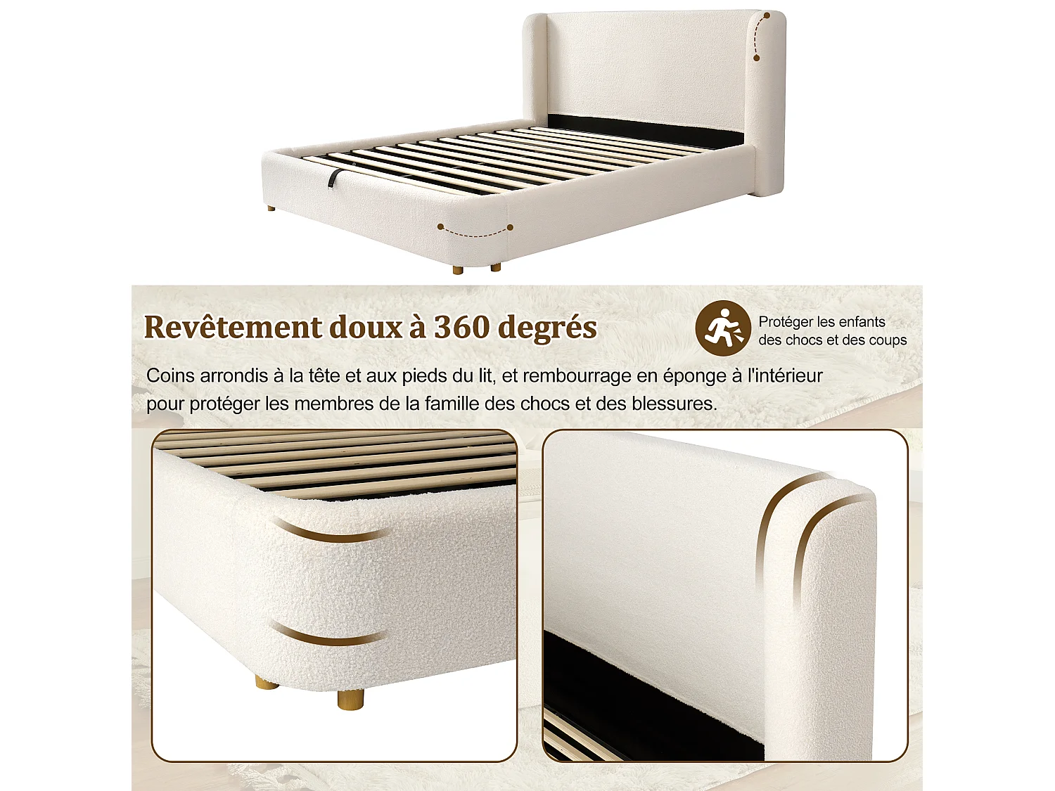 Lit coffre rembourré 160x200 cm, Lit double avec rangement hydraulique,sommier à lattes,bouclé beige