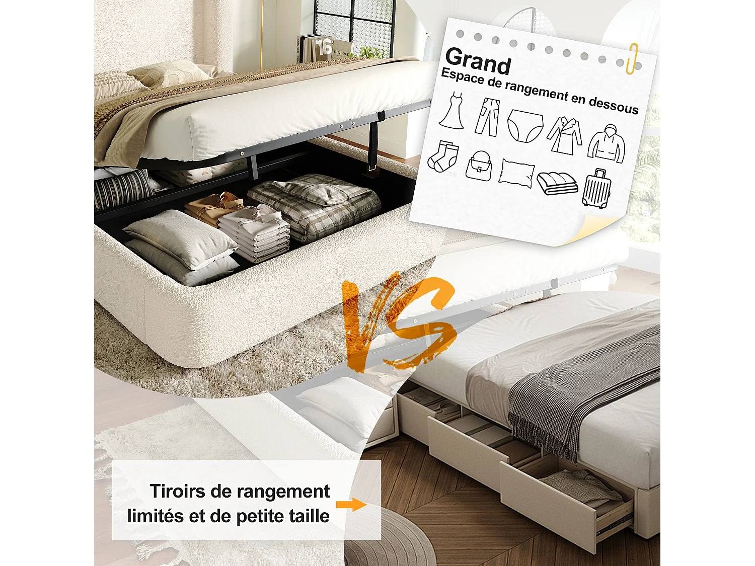 Lit coffre rembourré 160x200 cm, Lit double avec rangement hydraulique,sommier à lattes,bouclé beige