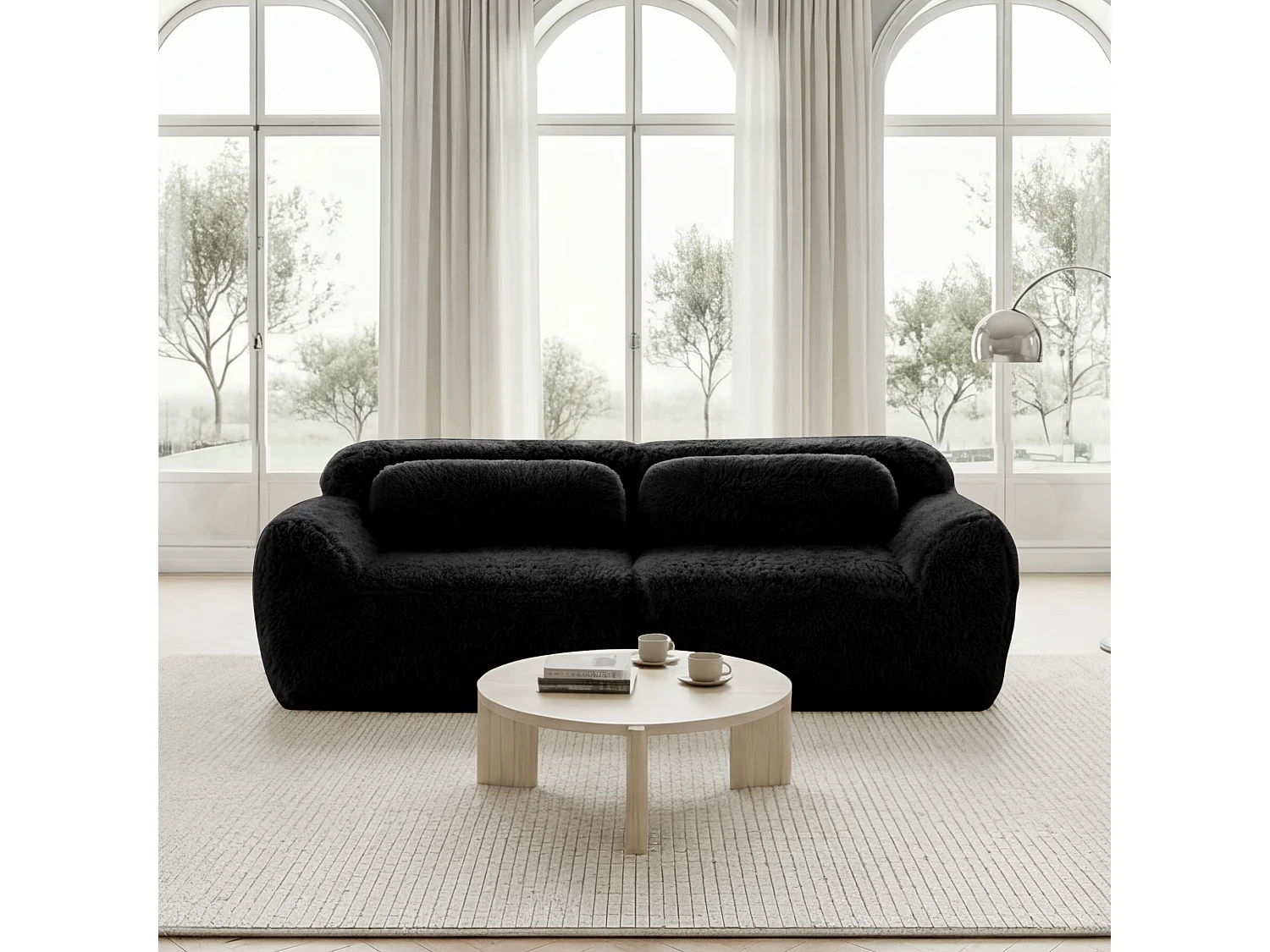 Canapé 2 places en peluche doux 204x104x73cm, modulable et combinable, mousse hautement élastique, base antidérapante, noir