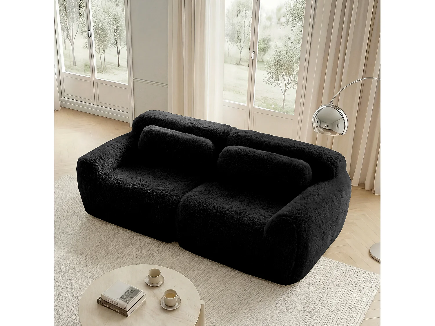 Canapé 2 places en peluche doux 204x104x73cm, modulable et combinable, mousse hautement élastique, base antidérapante, noir