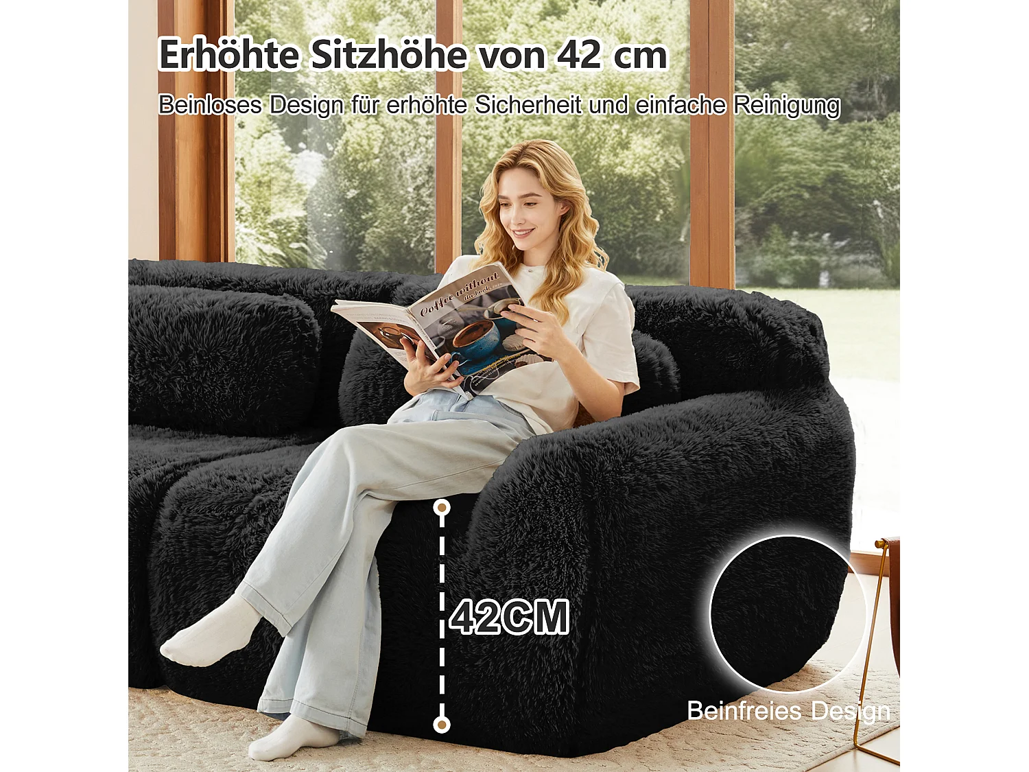 Canapé 2 places en peluche doux 204x104x73cm, modulable et combinable, mousse hautement élastique, base antidérapante, noir