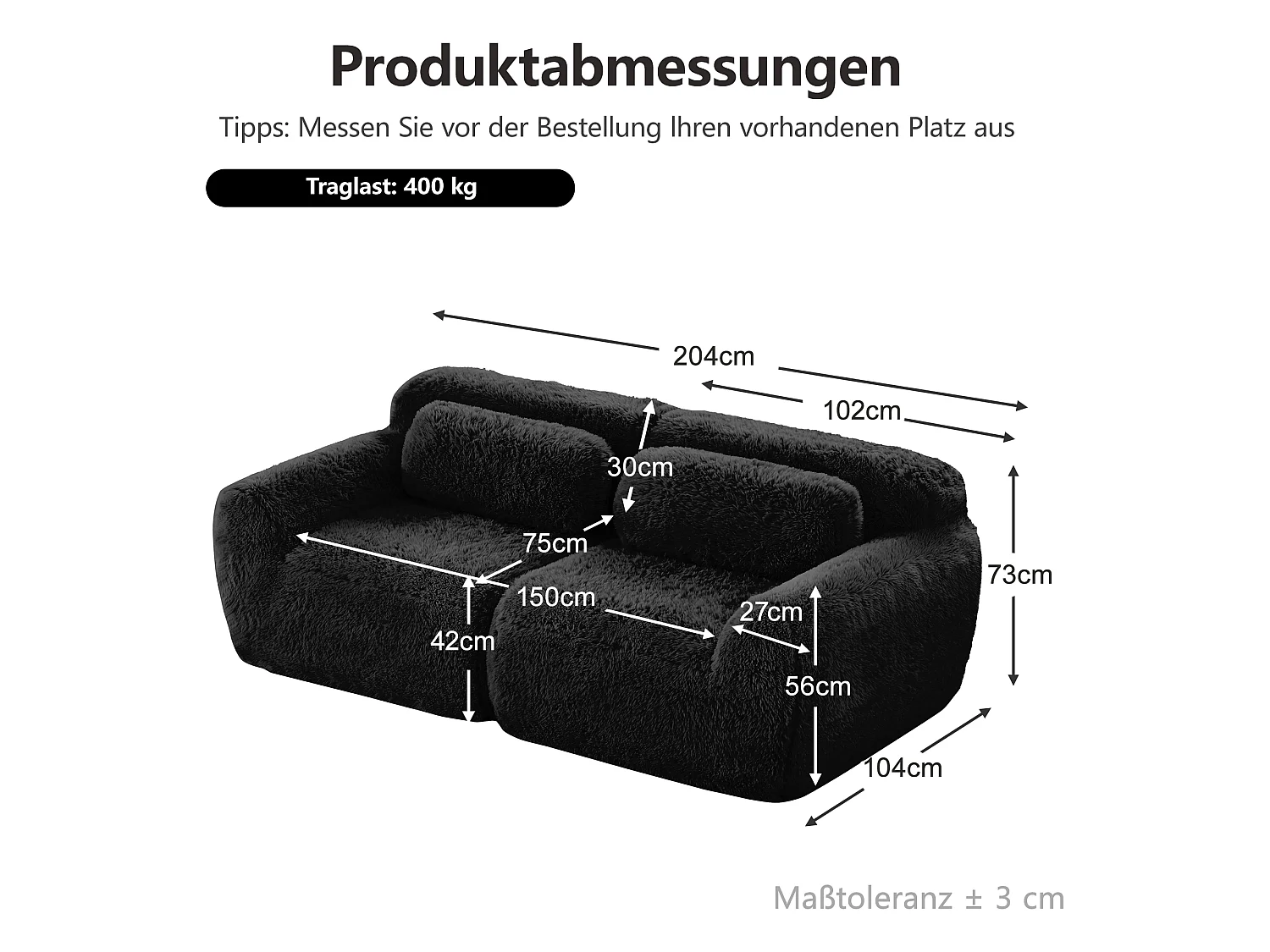 Canapé 2 places en peluche doux 204x104x73cm, modulable et combinable, mousse hautement élastique, base antidérapante, noir
