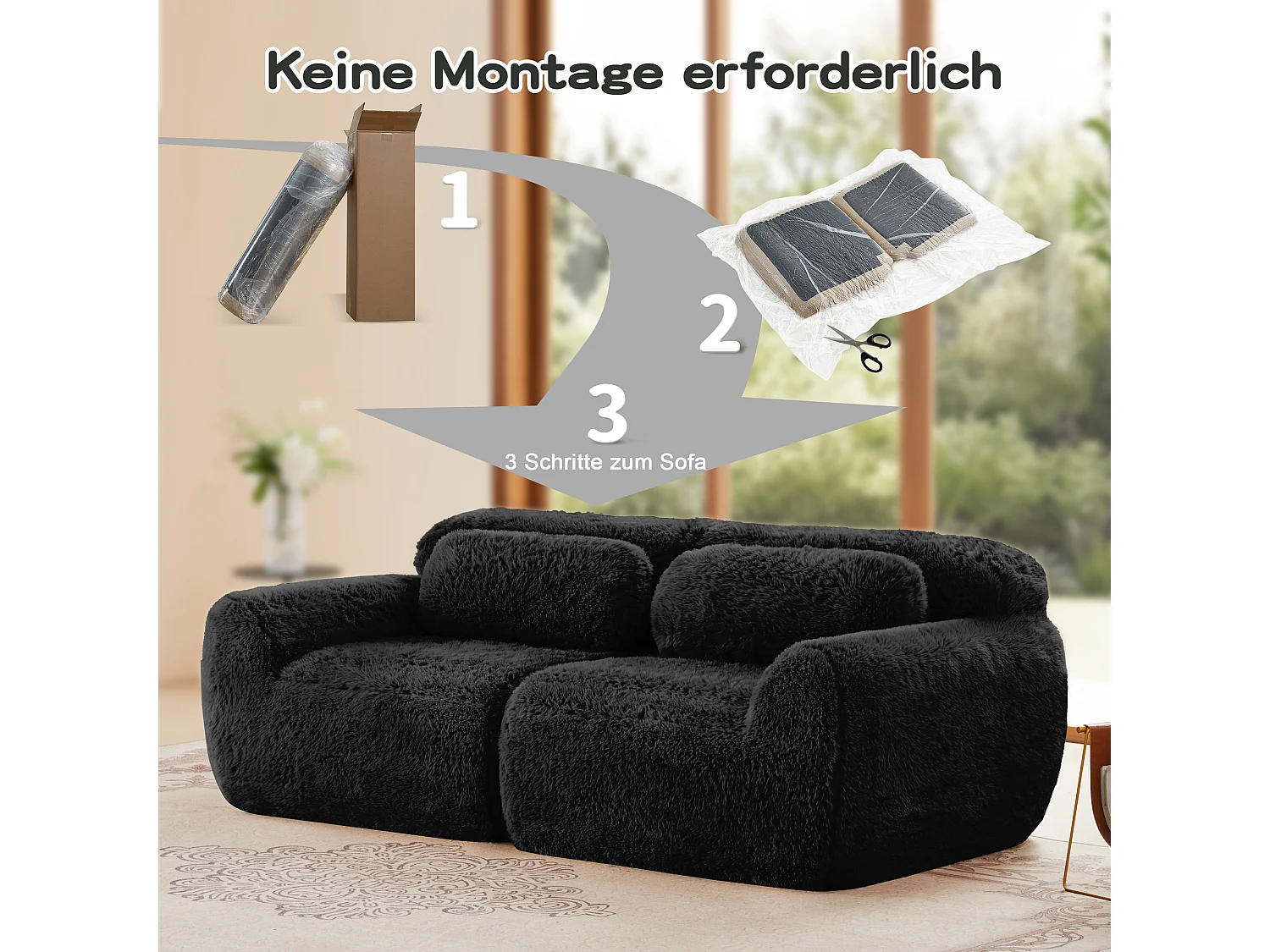 Canapé 2 places en peluche doux 204x104x73cm, modulable et combinable, mousse hautement élastique, base antidérapante, noir