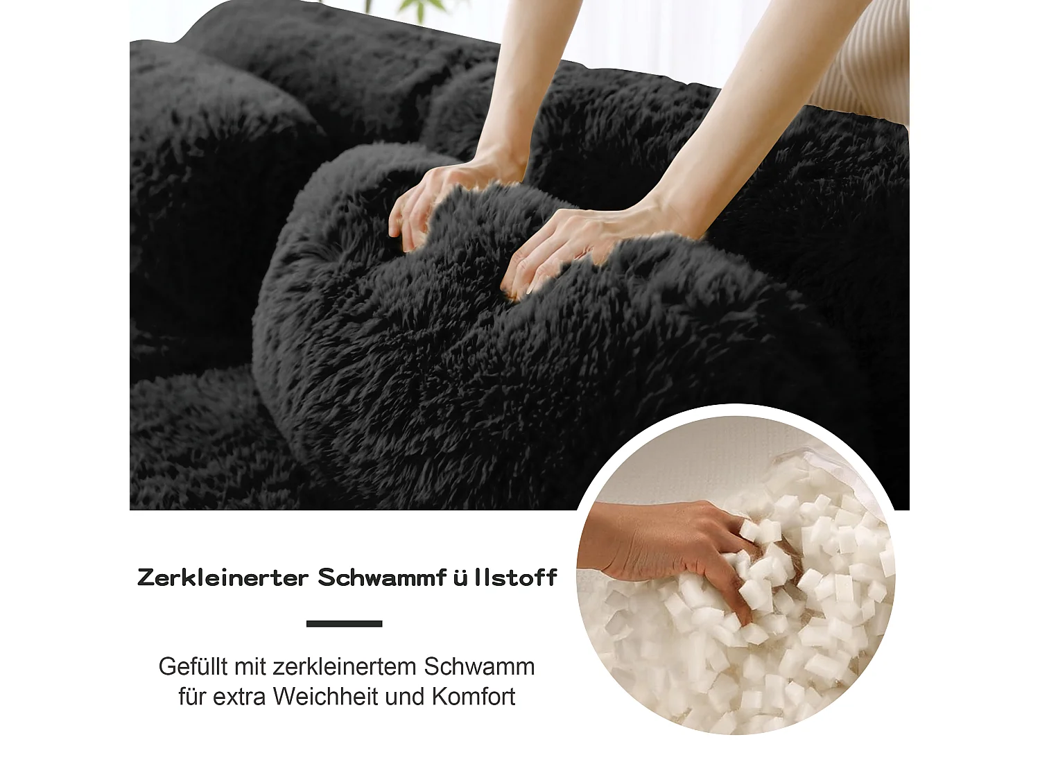 Canapé 2 places en peluche doux 204x104x73cm, modulable et combinable, mousse hautement élastique, base antidérapante, noir