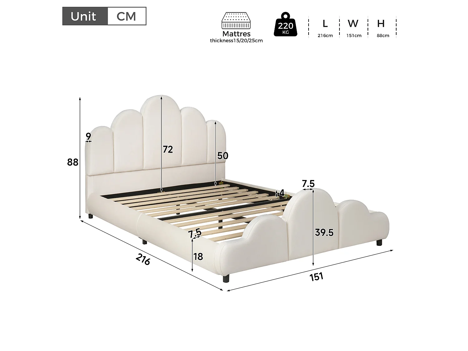 Lit enfant simple 140x200 cm avec tête de lit rembourrée, coins arrondis,velours beige