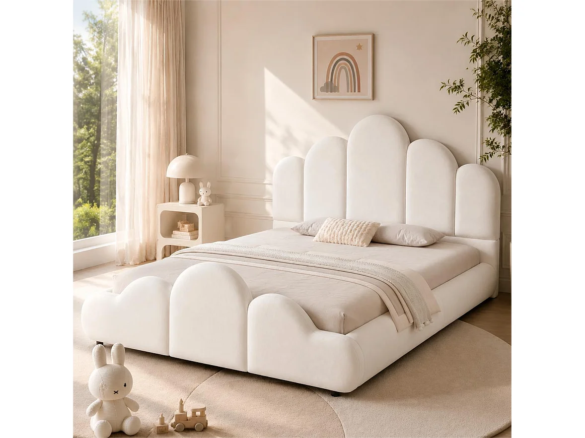 Lit enfant simple 140x200 cm avec tête de lit rembourrée, coins arrondis,velours beige